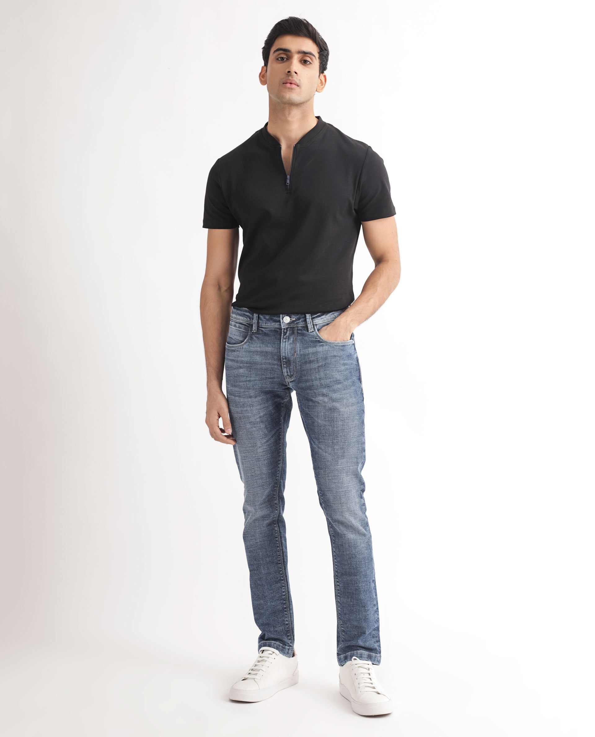 Rare Rabbit Men's Arten Blue Cotton Plain Hawk Slim Fit Jeans