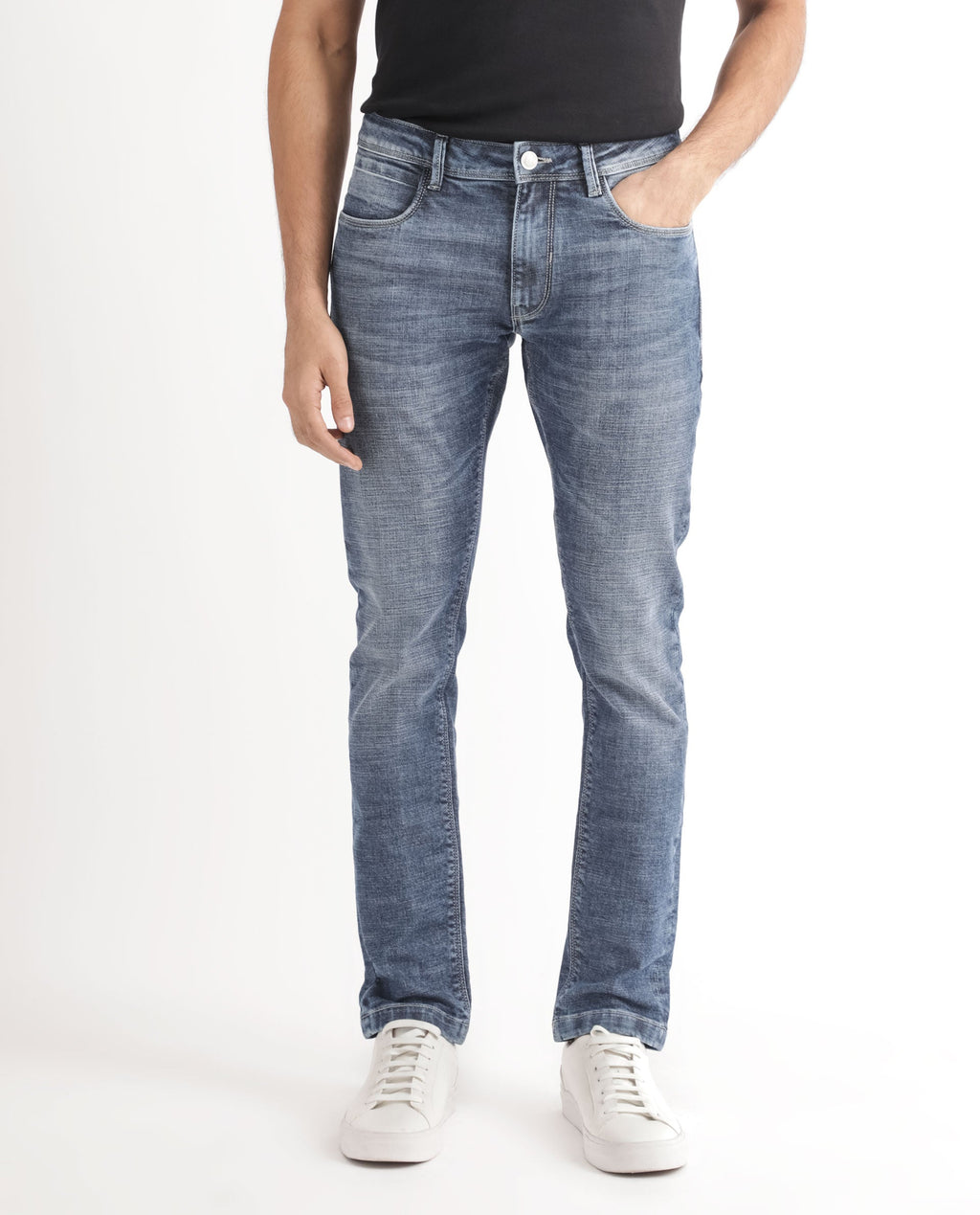 Rare Rabbit Men's Arten Blue Cotton Plain Hawk Slim Fit Jeans