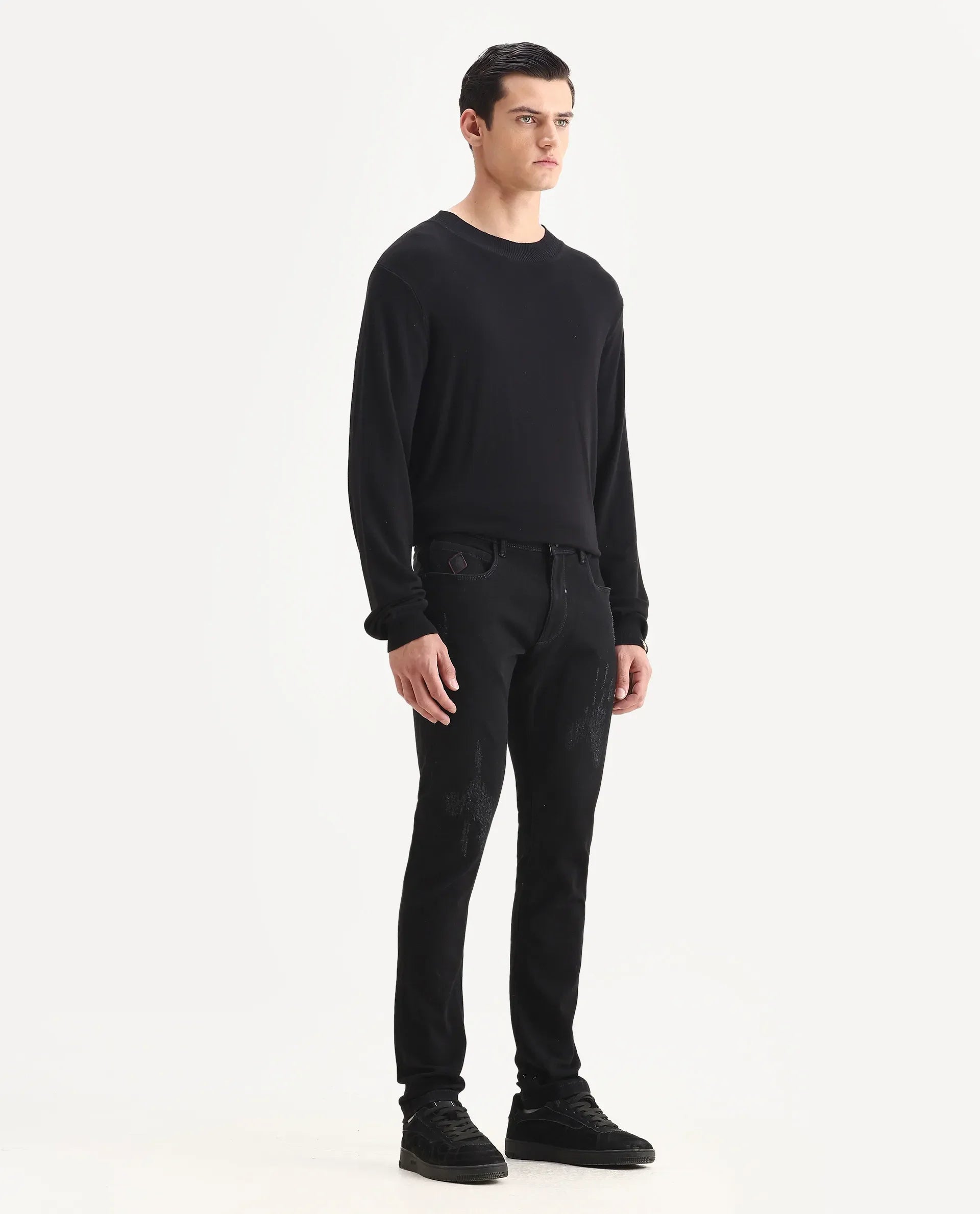 Rare Rabbit Men's Astral Black Cotton Plain Hawk Slim Fit Jeans