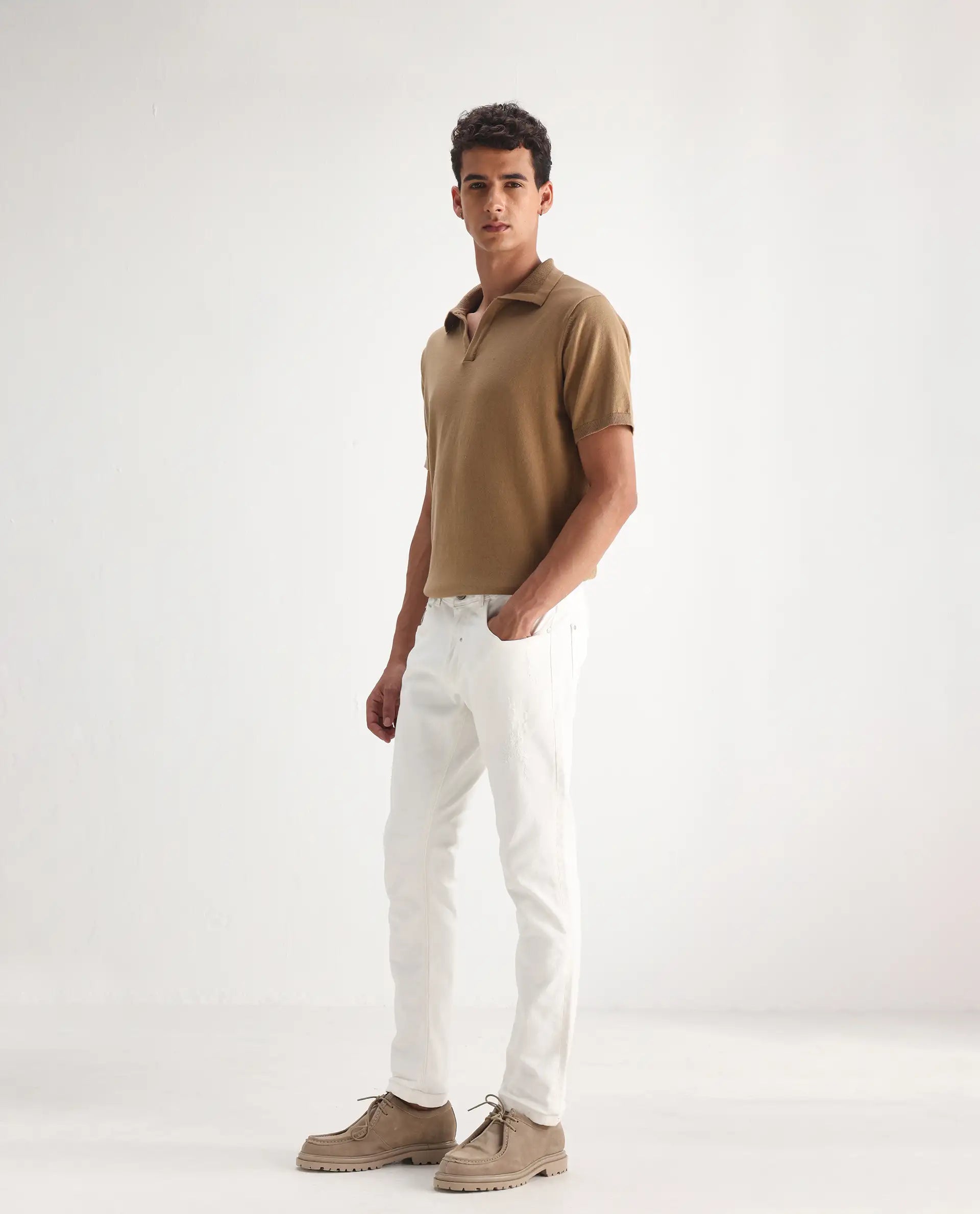Rare Rabbit Men's Astro White Cotton Blend Plain Hawk Slim Fit Jeans