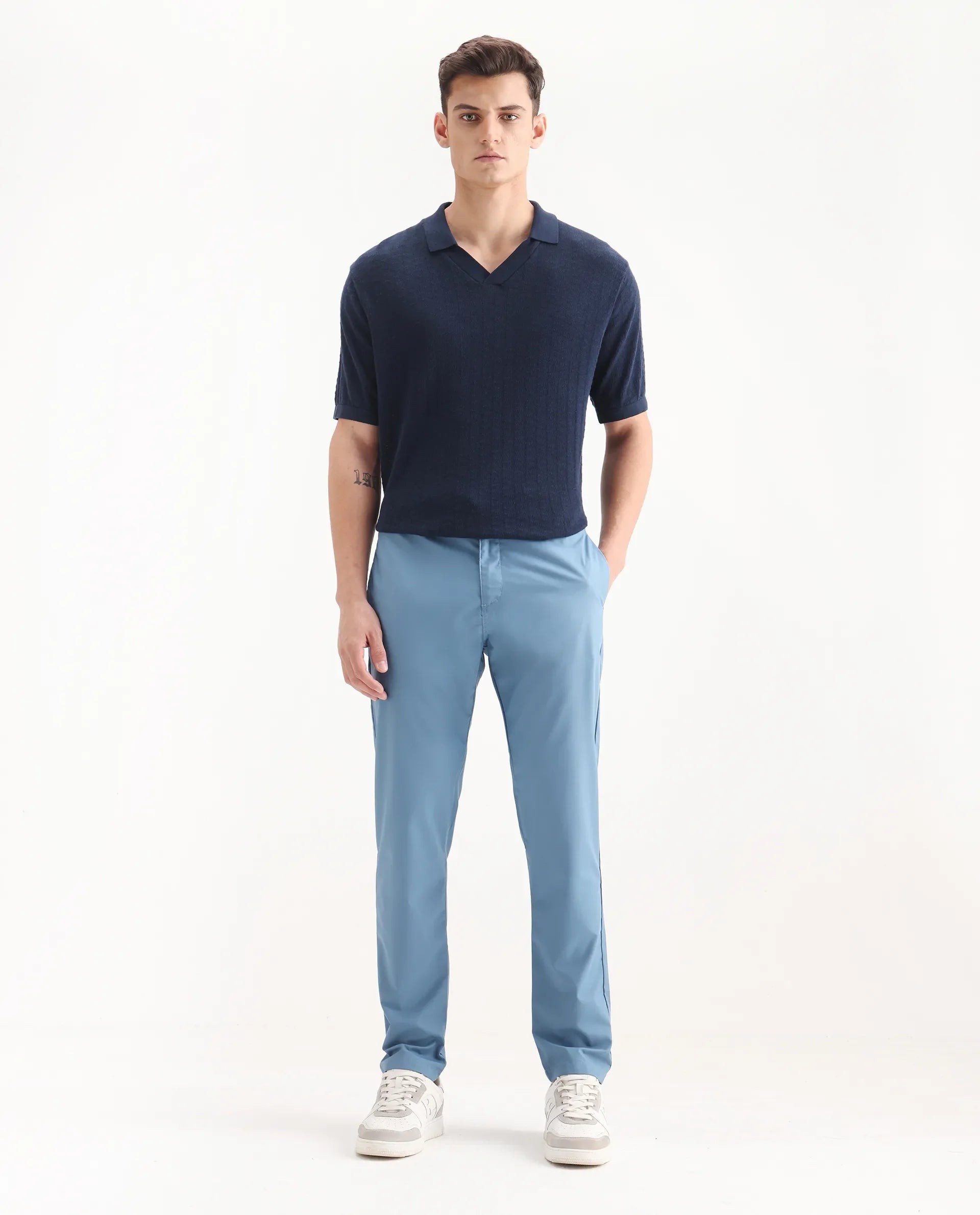 Rare Rabbit Men's Aux Blue Polyester Plain Regular Fit Trouser