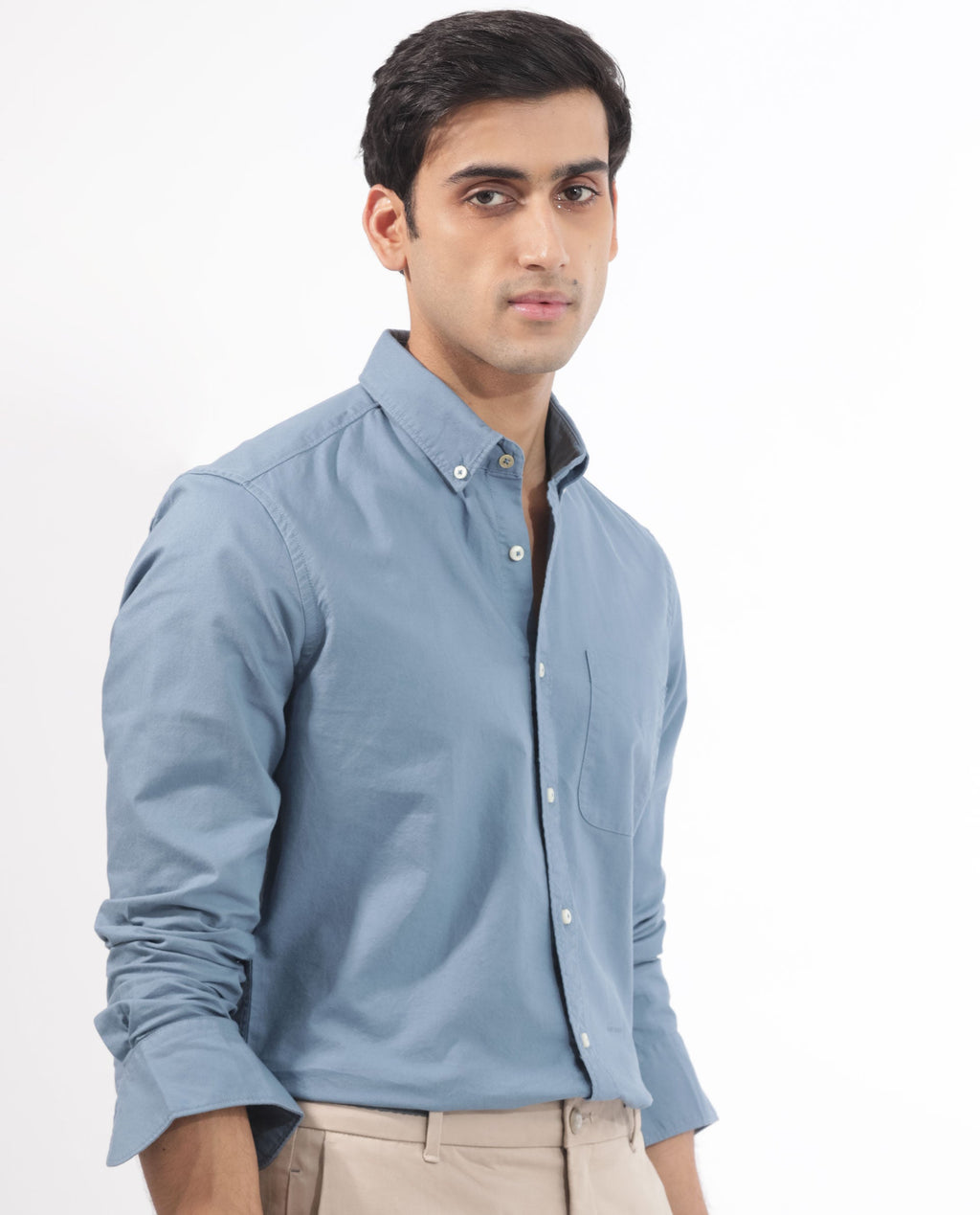 Rare Rabbit Men's Auxfo Blue Cotton Plain Regular Fit Full Sleeve Button-Down Collar Shirt