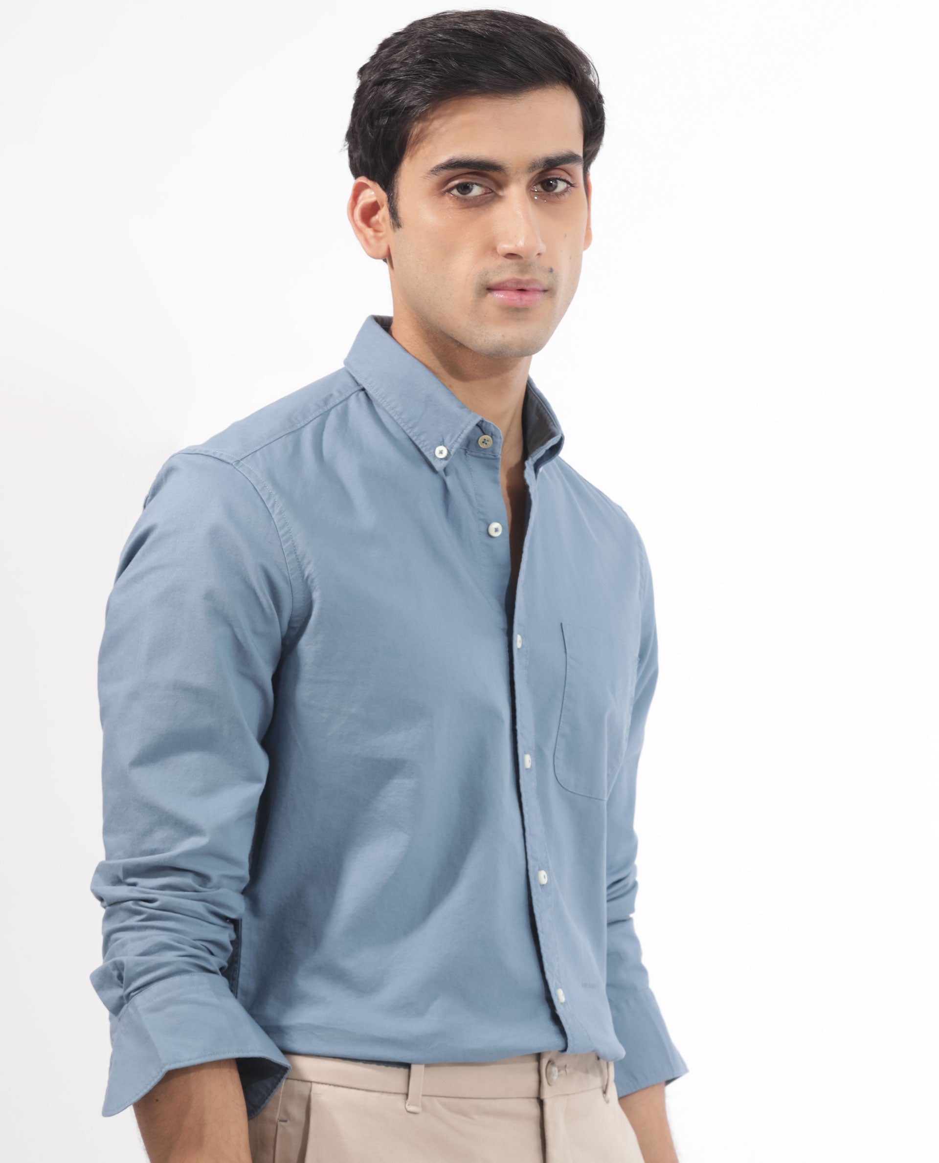 Rare Rabbit Men's Auxfo Blue Cotton Plain Regular Fit Full Sleeve Button-Down Collar Shirt