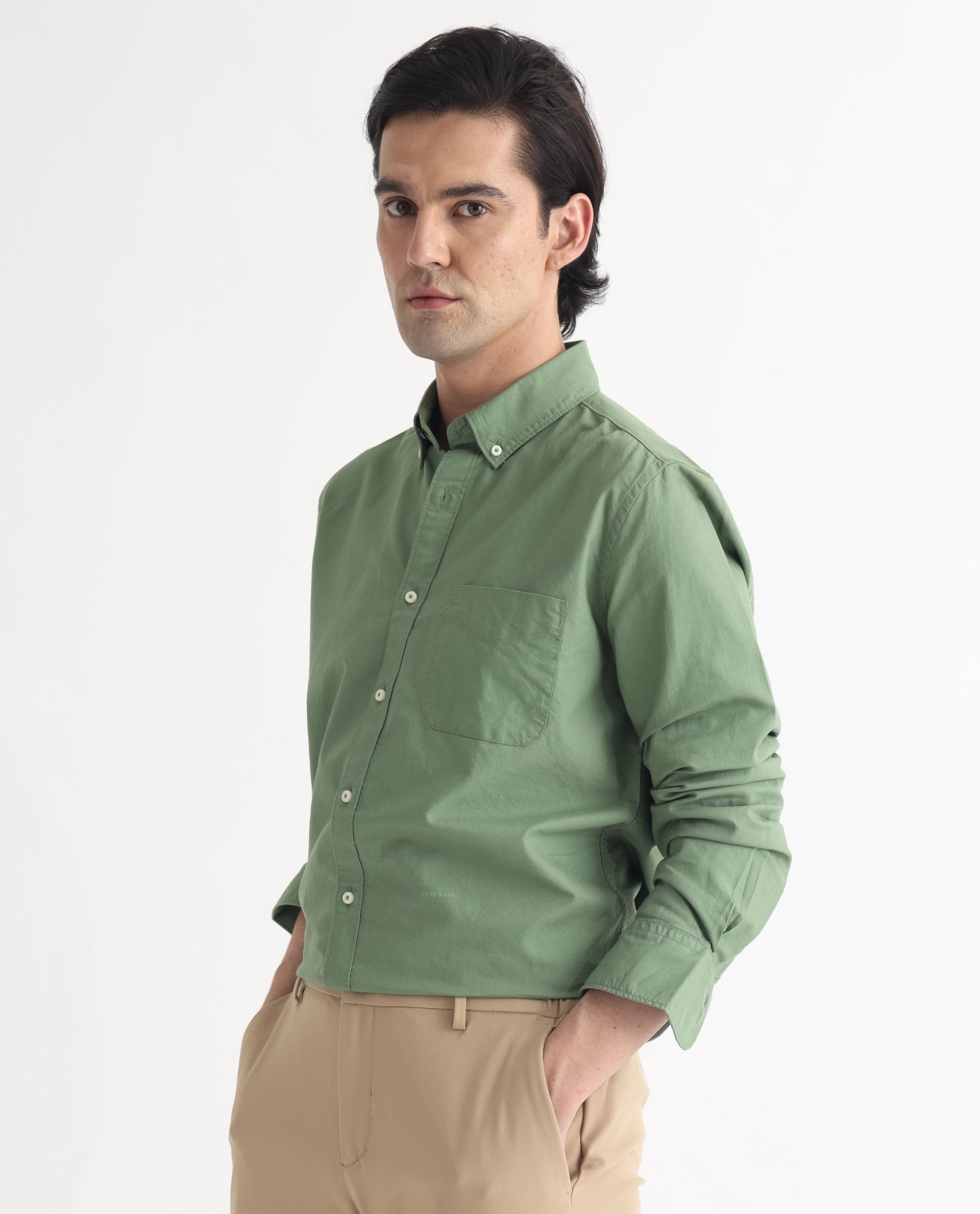 Rare Rabbit Men's Auxfo Green Cotton Plain Regular Fit Full Sleeve Button-Down Collar Shirt