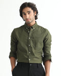 Rare Rabbit Men's Auxfo Olive Cotton Plain Regular Fit Full Sleeve Button-Down Collar Shirt