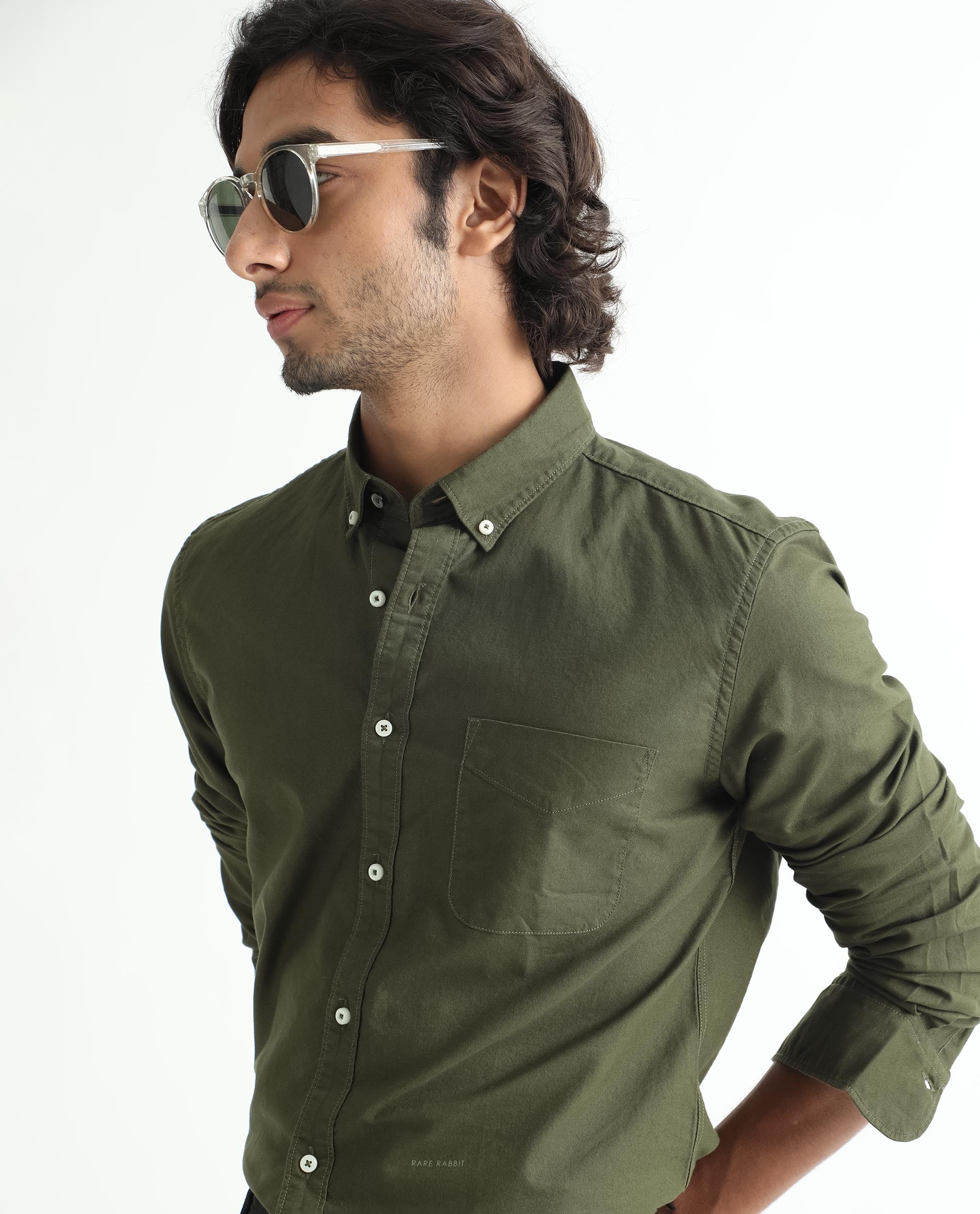 Rare Rabbit Men's Auxfo Olive Cotton Plain Regular Fit Full Sleeve Button-Down Collar Shirt