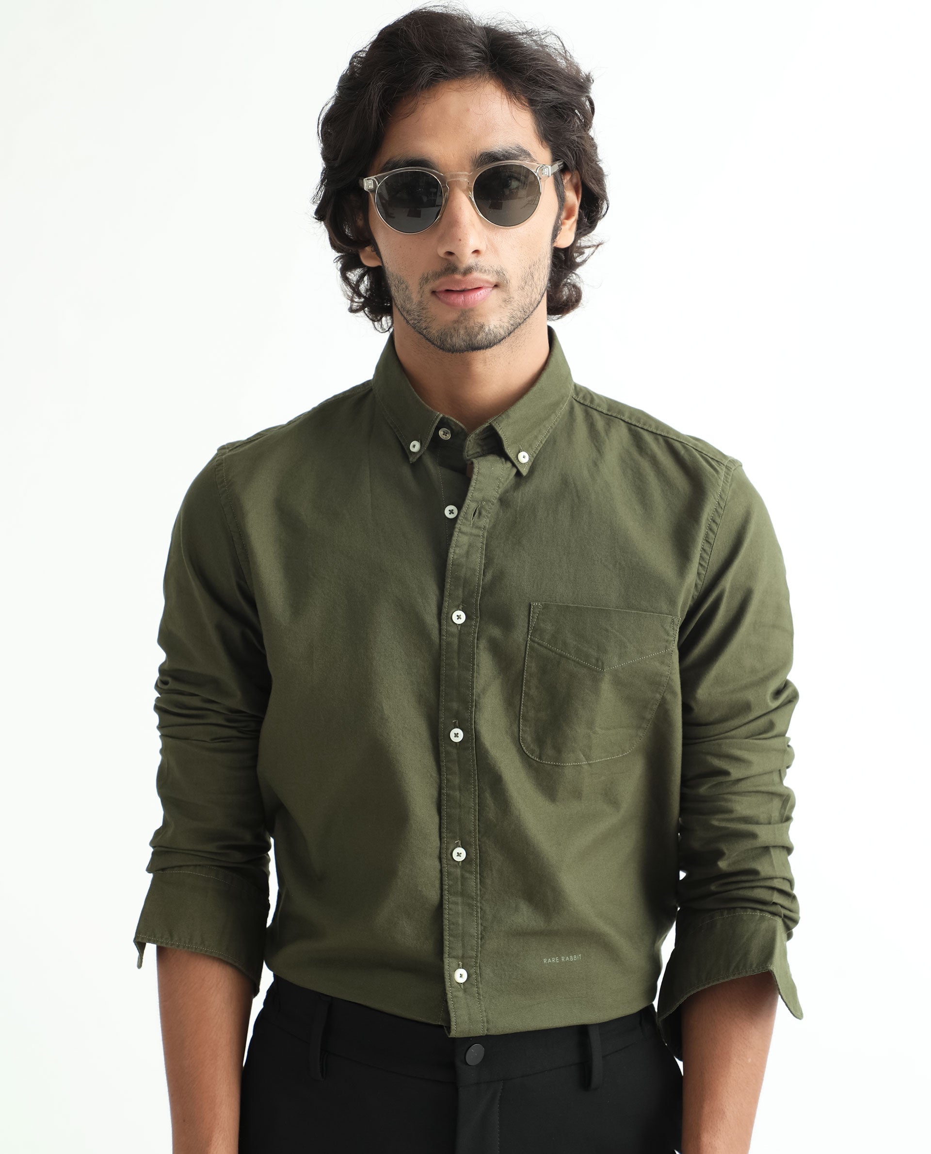 Rare Rabbit Men's Auxfo Olive Cotton Plain Regular Fit Full Sleeve Button-Down Collar Shirt