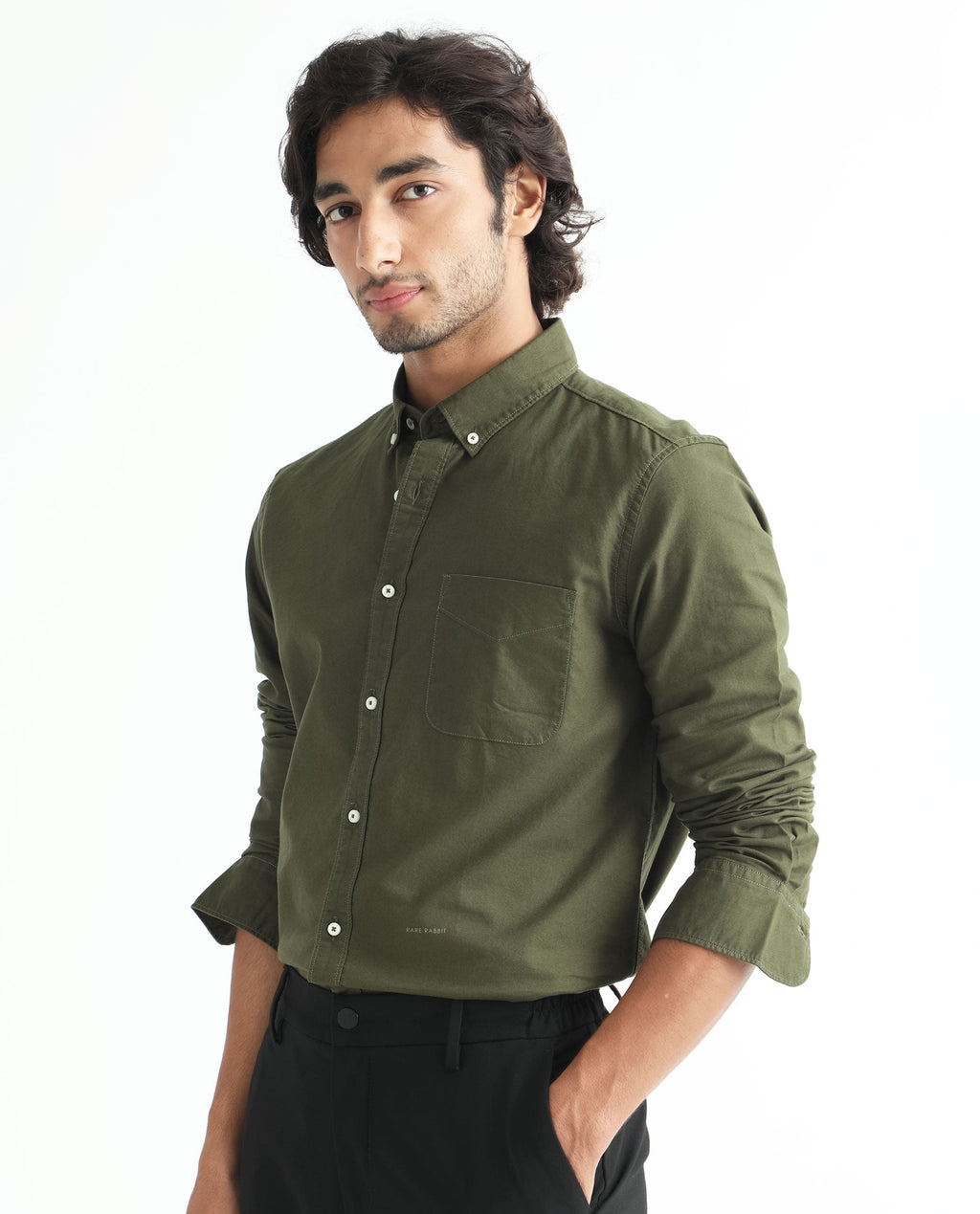 Rare Rabbit Men's Auxfo Olive Cotton Plain Regular Fit Full Sleeve Button-Down Collar Shirt