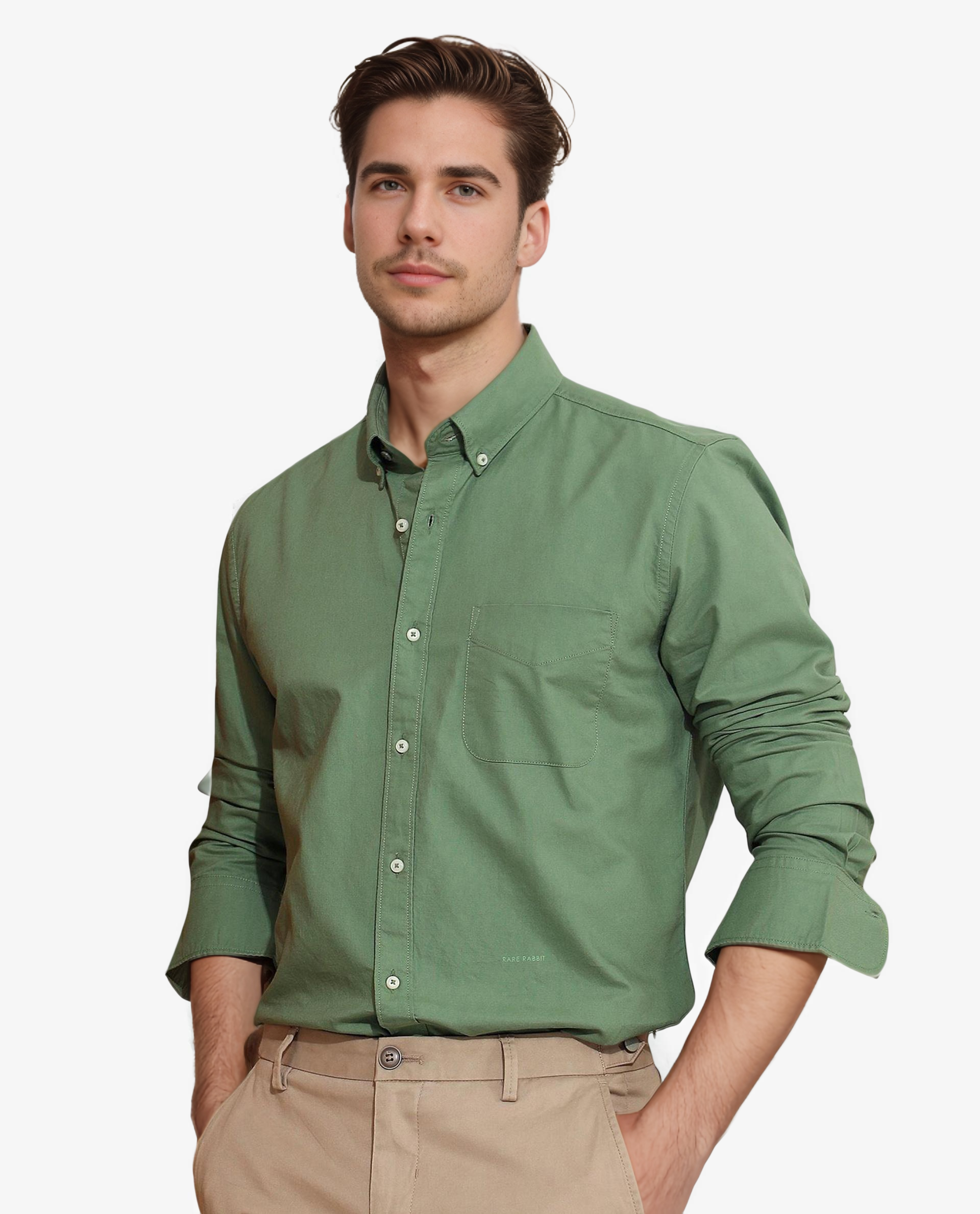 Rare Rabbit Men's Auxfo Green Cotton Plain Regular Fit Full Sleeve Button-Down Collar Shirt