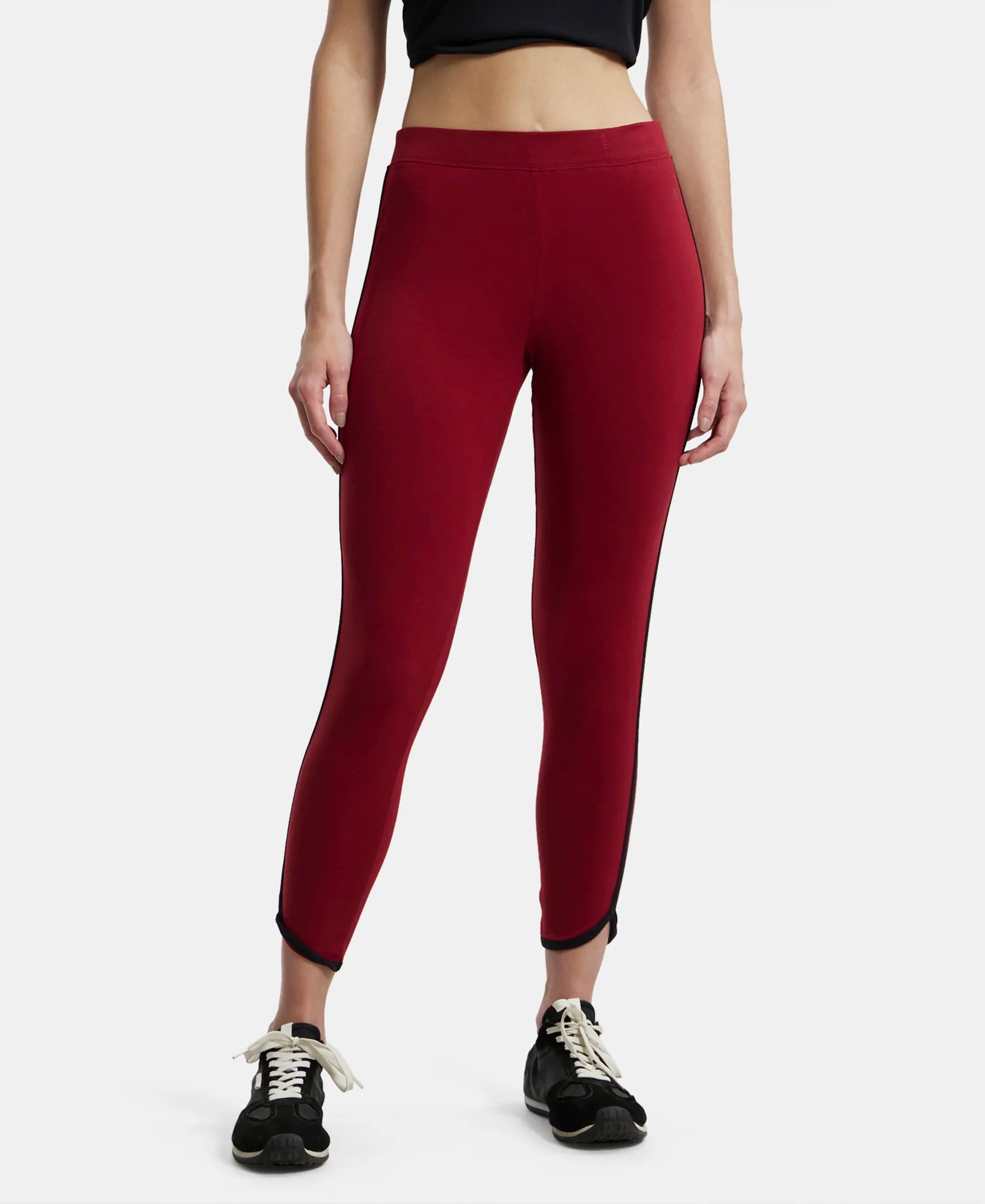 Super Combed Cotton Elastane Stretch Leggings with Contrast Side Piping - Rhubarb