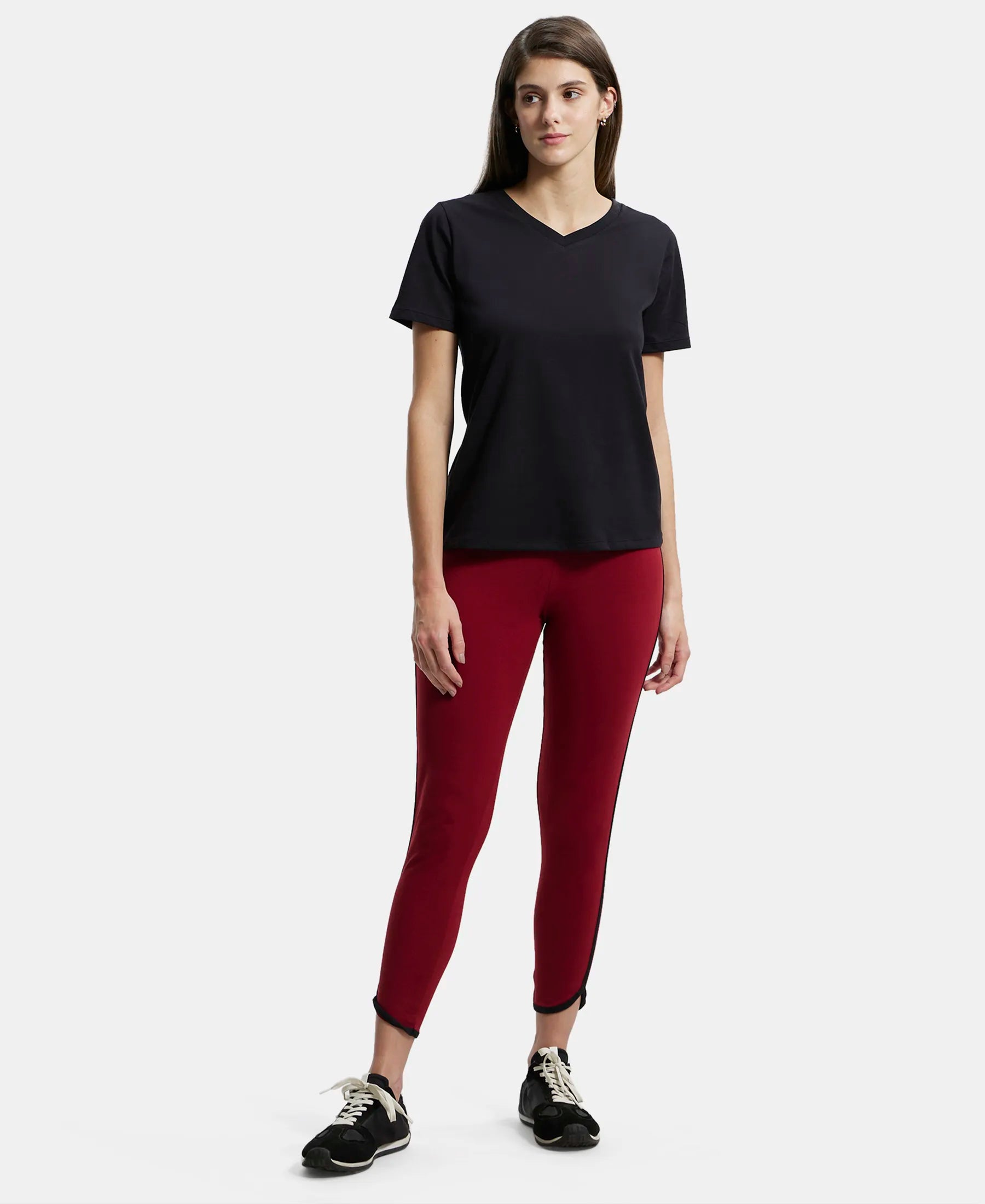 Super Combed Cotton Elastane Stretch Leggings with Contrast Side Piping - Rhubarb