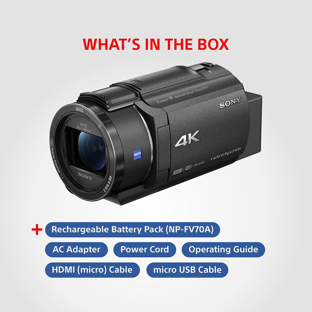 Sony AX43A 4K Handycam 8.29 MP 4K Ultra HD Recording with 26.8 mm714 wide-angle ZEISS® Vario-Sonnar T* lens