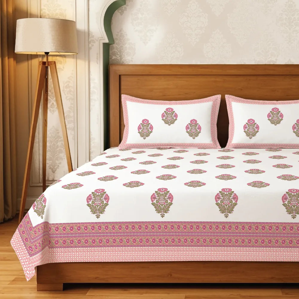 Authentic Hand Block 300 TC 100% Cotton Jaipuri Bedsheet with 2 pillow covers, 9 x 9 ft King size bedsheet - Amrapali