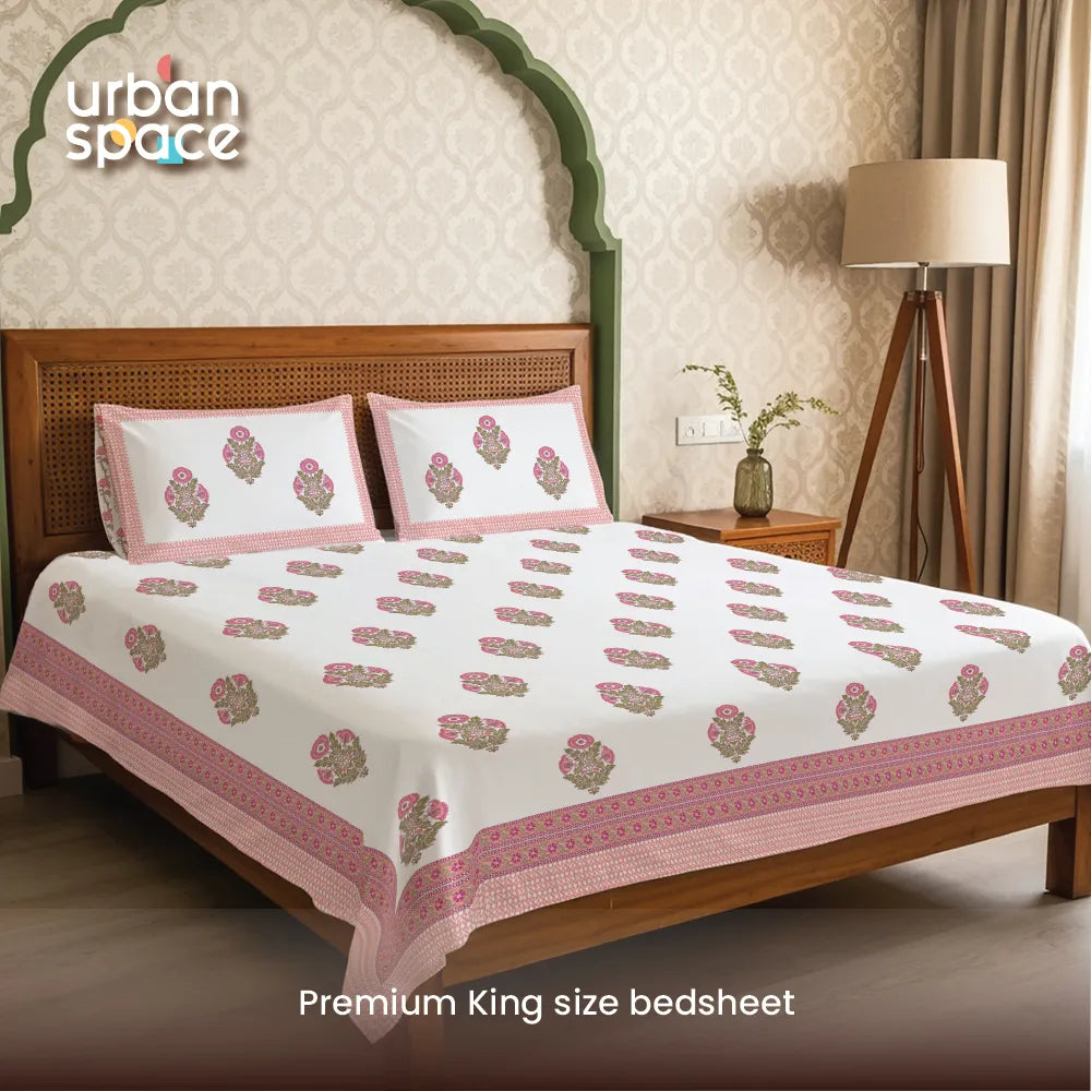 Authentic Hand Block 300 TC 100% Cotton Jaipuri Bedsheet with 2 pillow covers, 9 x 9 ft King size bedsheet - Amrapali