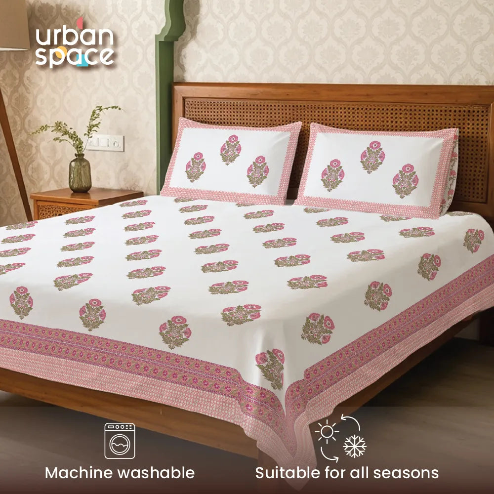 Authentic Hand Block 300 TC 100% Cotton Jaipuri Bedsheet with 2 pillow covers, 9 x 9 ft King size bedsheet - Amrapali