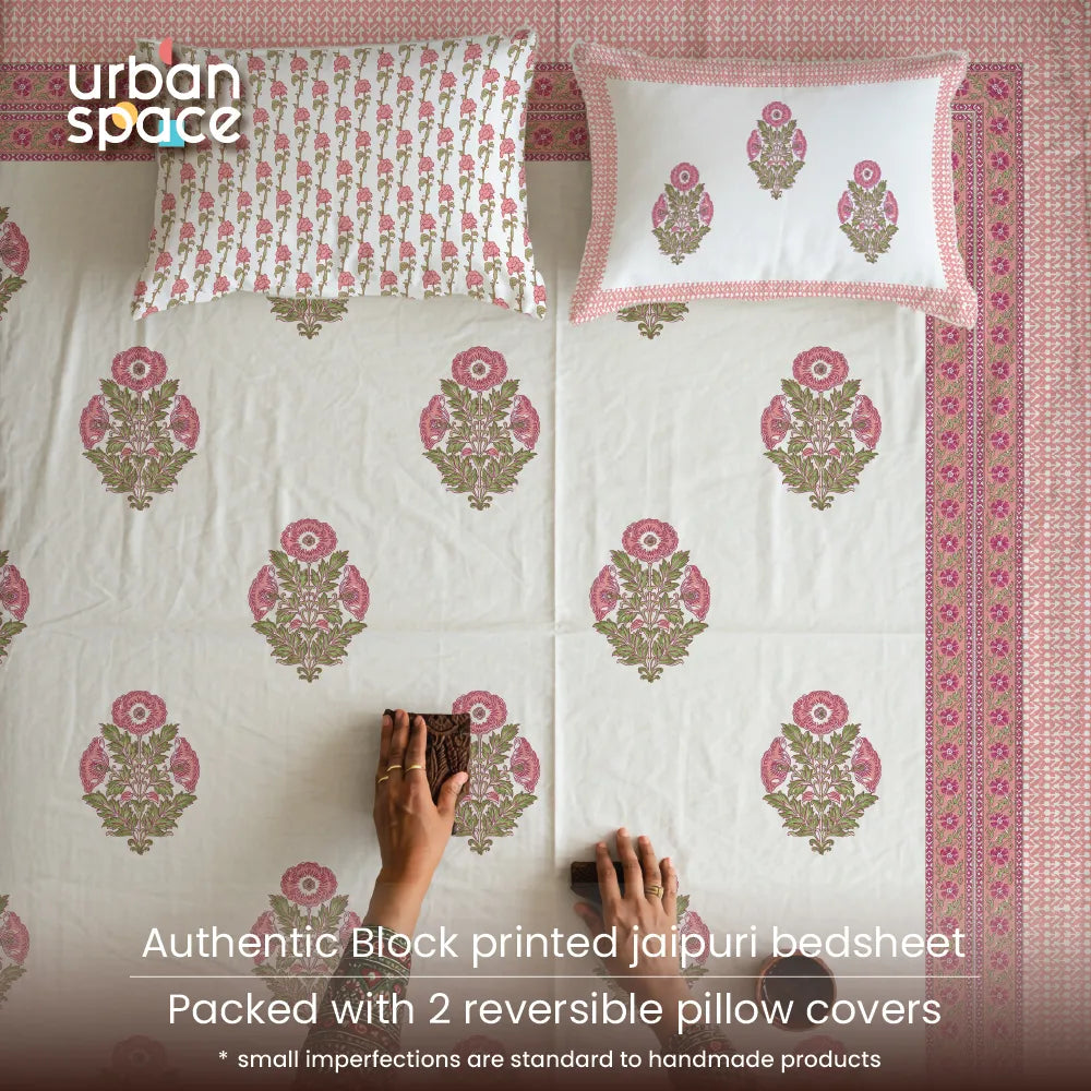 Authentic Hand Block 300 TC 100% Cotton Jaipuri Bedsheet with 2 pillow covers, 9 x 9 ft King size bedsheet - Amrapali