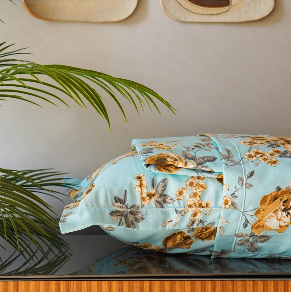 Serene Collection - 200 TC 100%  Cotton Double Bedsheet with 2 Pillow Covers, Printed Aqua Blue