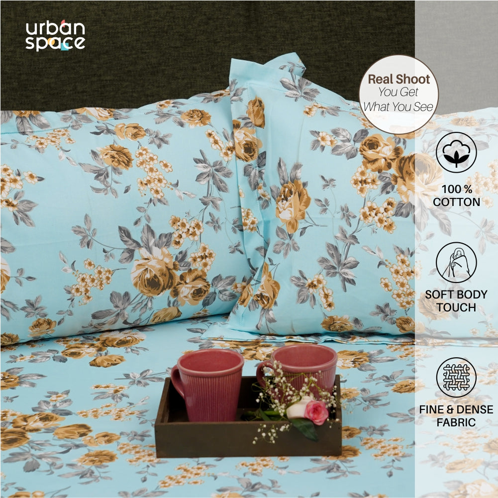 Serene Collection - 200 TC 100%  Cotton Double Bedsheet with 2 Pillow Covers, Printed Aqua Blue