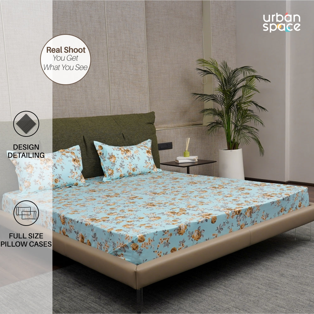 Serene Collection - 200 TC 100%  Cotton Double Bedsheet with 2 Pillow Covers, Printed Aqua Blue