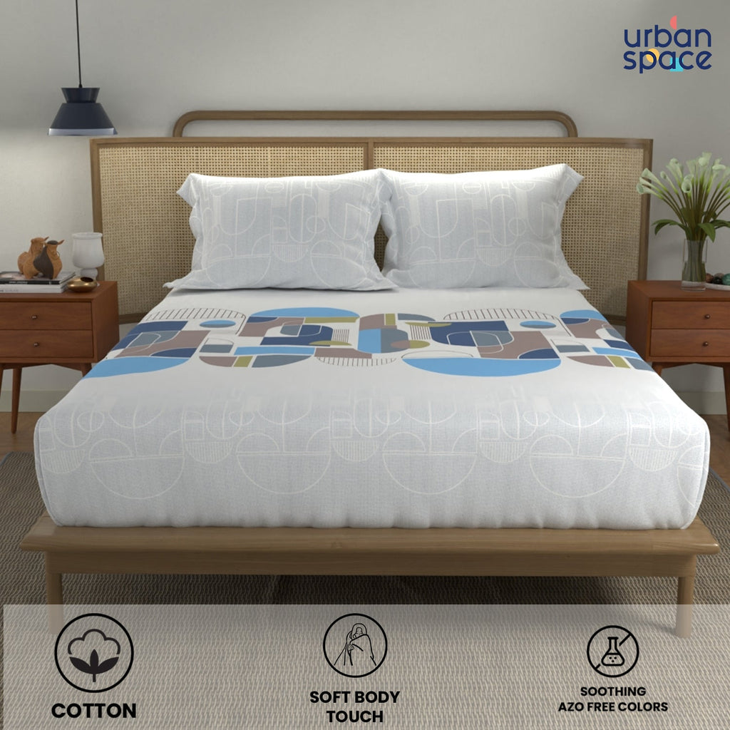 Divine Collection - Cotton Bedsheet With 2 Pillow Covers, Binary Sky Blue