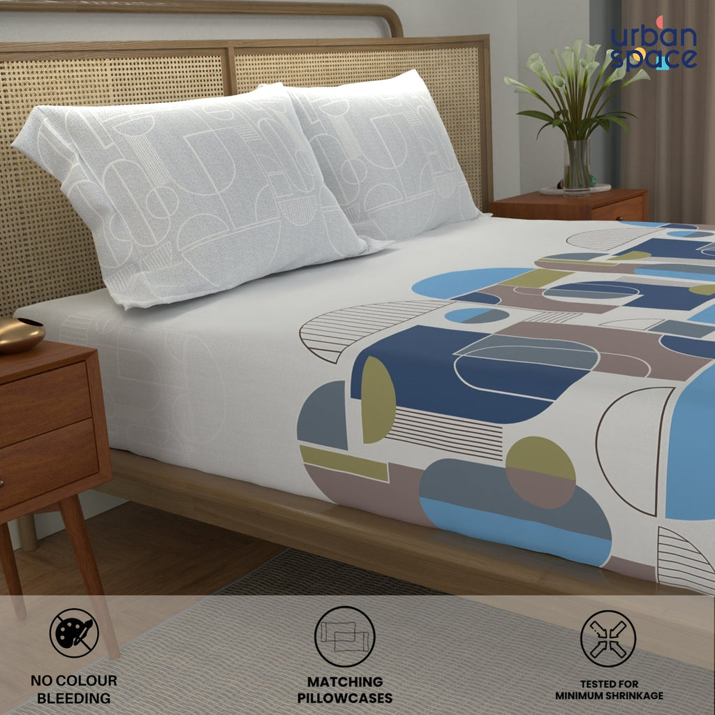 Divine Collection - Cotton Bedsheet With 2 Pillow Covers, Binary Sky Blue