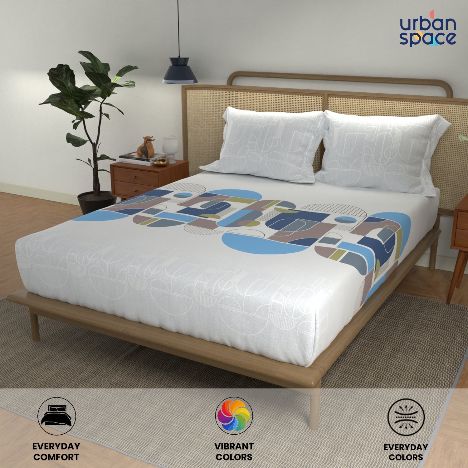 Divine Collection - Cotton Bedsheet With 2 Pillow Covers, Binary Sky Blue