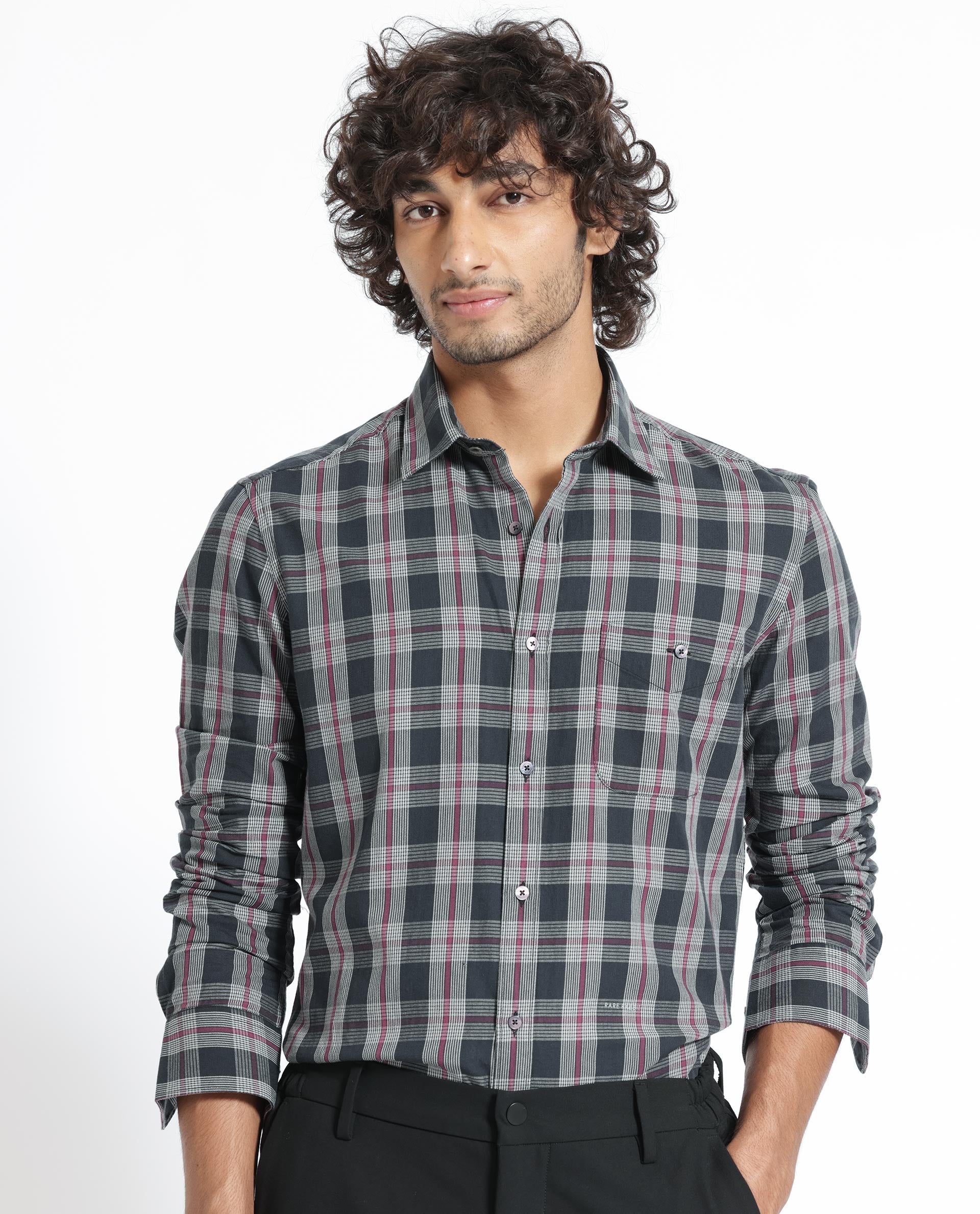 Rare Rabbit Men's Bale Black Cotton Checked Print Regular Fit Full Sleeve Collared Shirt