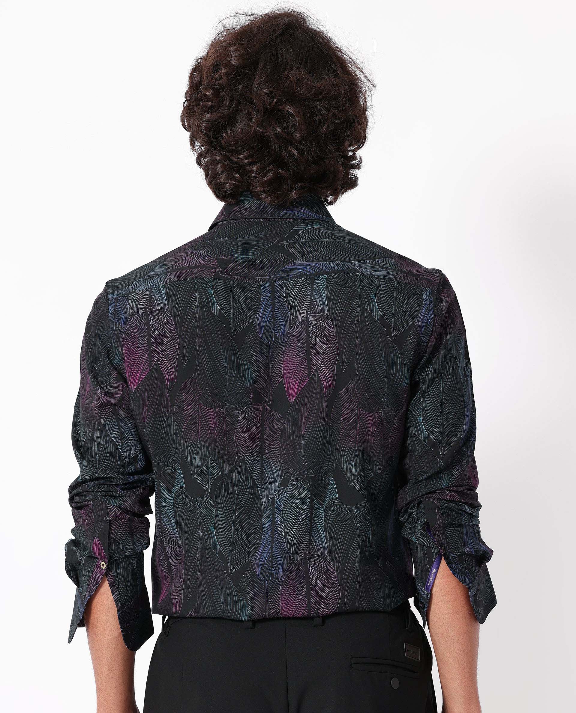 Rare Rabbit Men's Bartlet Black Viscose Floral Print Tailored Fit Full Sleeve Collared Shirt