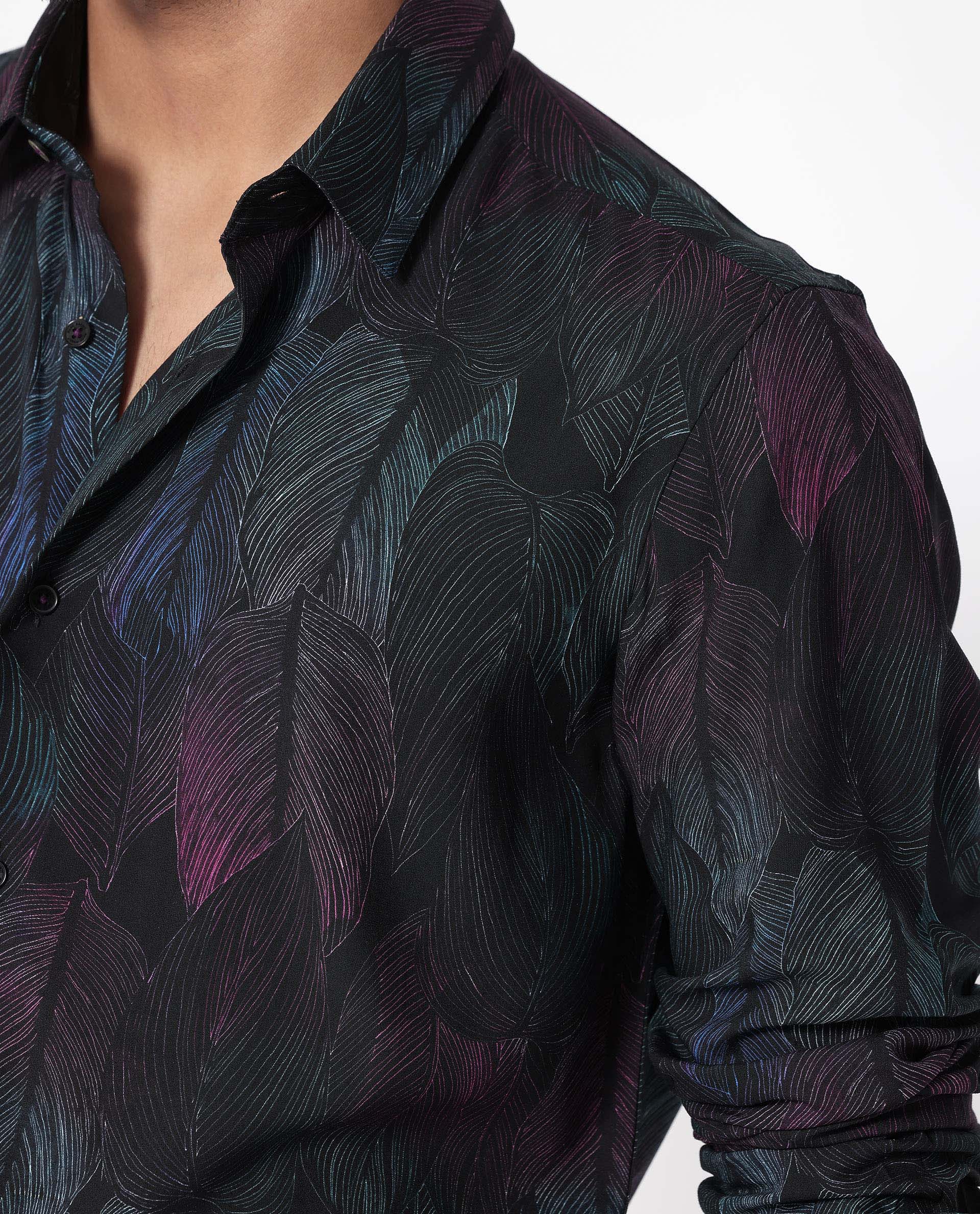 Rare Rabbit Men's Bartlet Black Viscose Floral Print Tailored Fit Full Sleeve Collared Shirt