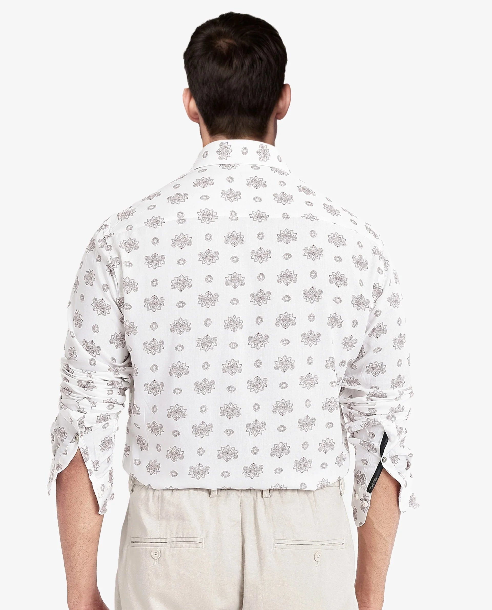 Rare Rabbit Men's Beau White Viscose Floral Print Regular Fit Full Sleeve Collared Shirt