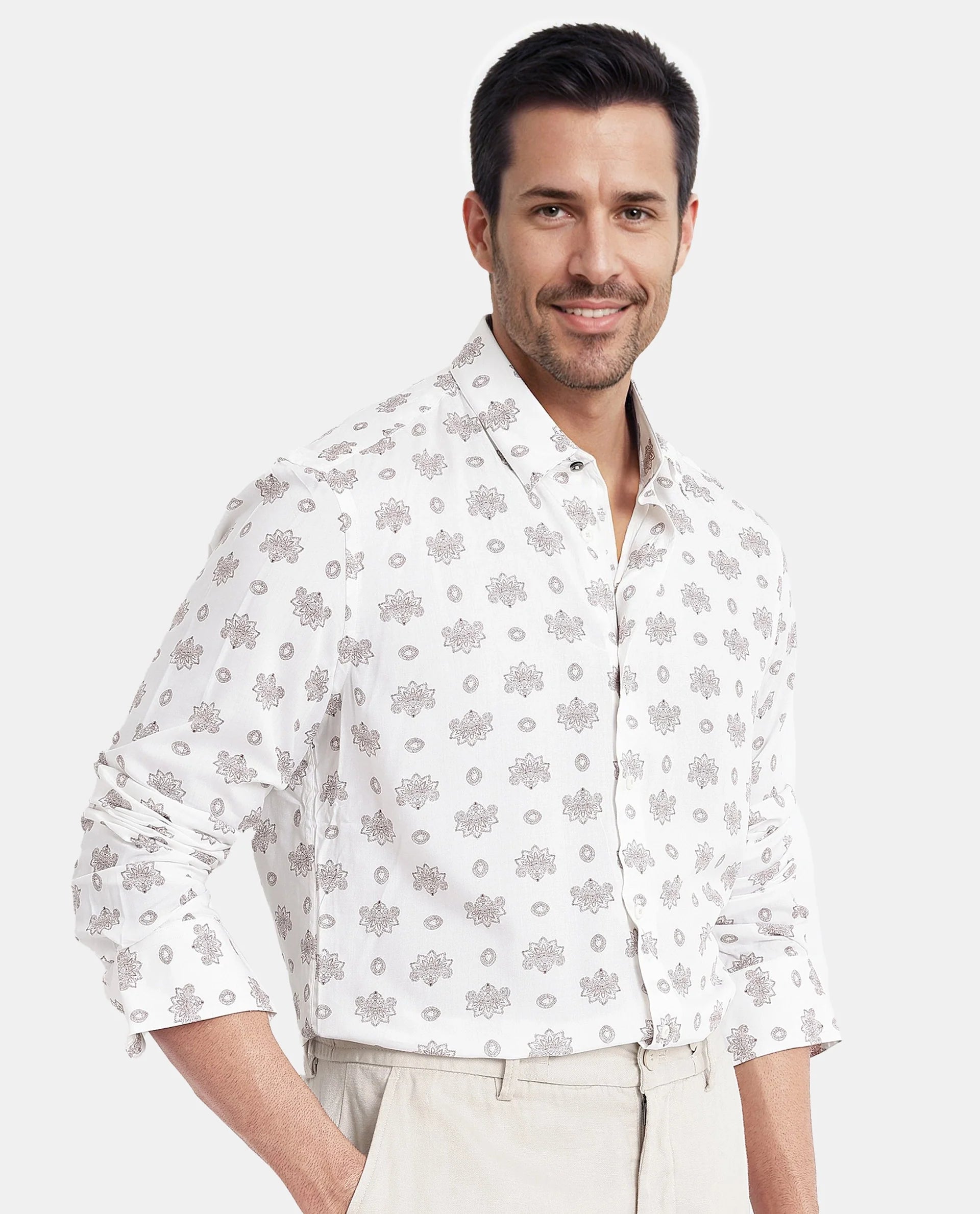 Rare Rabbit Men's Beau White Viscose Floral Print Regular Fit Full Sleeve Collared Shirt