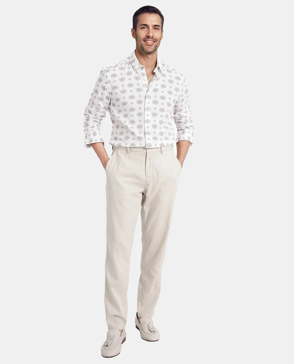 Rare Rabbit Men's Beau White Viscose Floral Print Regular Fit Full Sleeve Collared Shirt