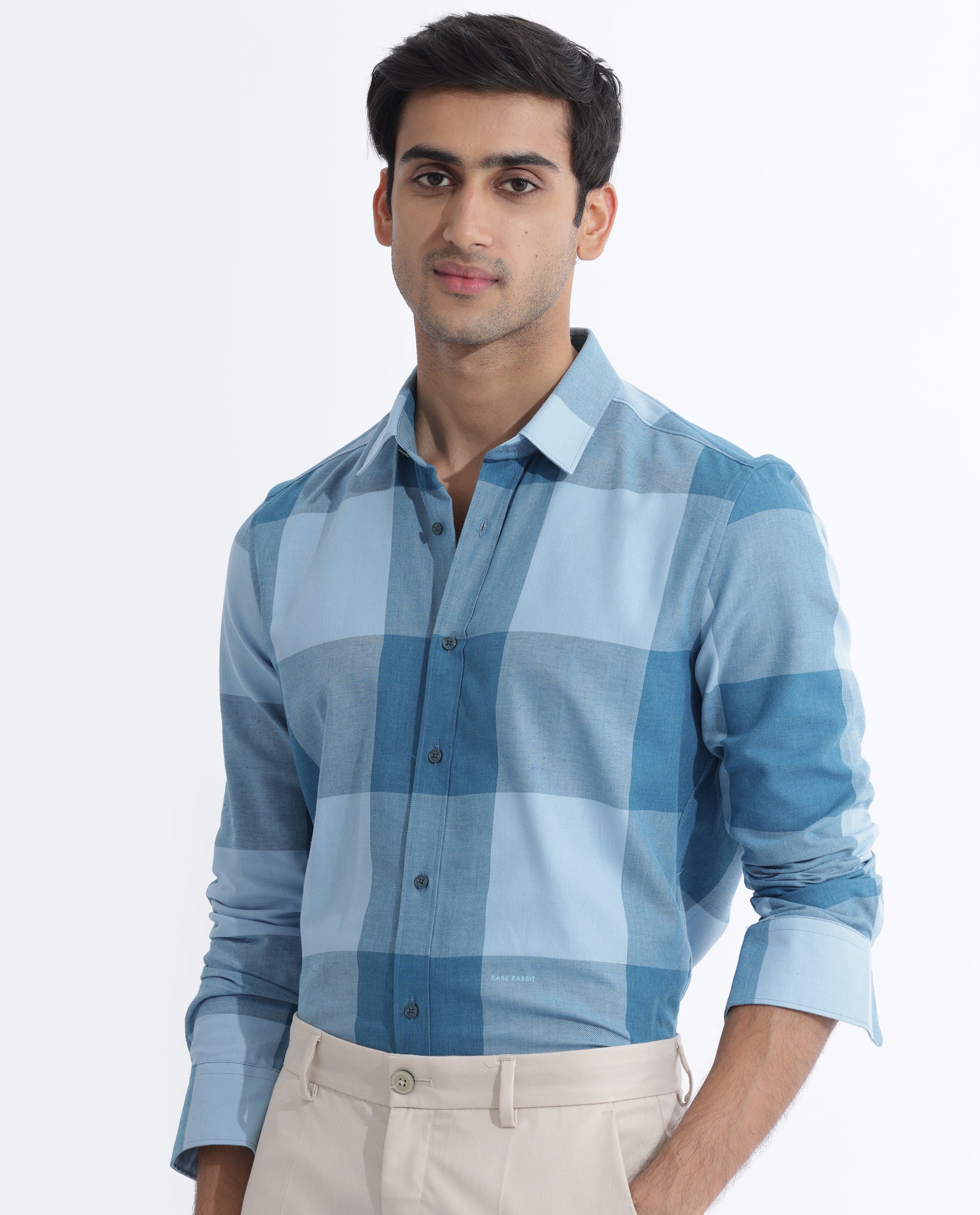 Rare Rabbit Men's Beavers Blue Cotton Checked Print Regular Fit Full Sleeve Collared Shirt