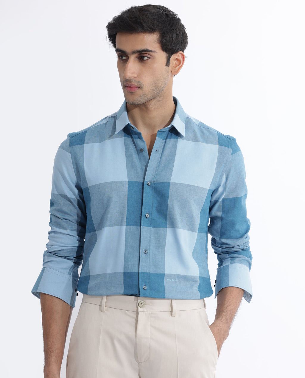 Rare Rabbit Men's Beavers Blue Cotton Checked Print Regular Fit Full Sleeve Collared Shirt