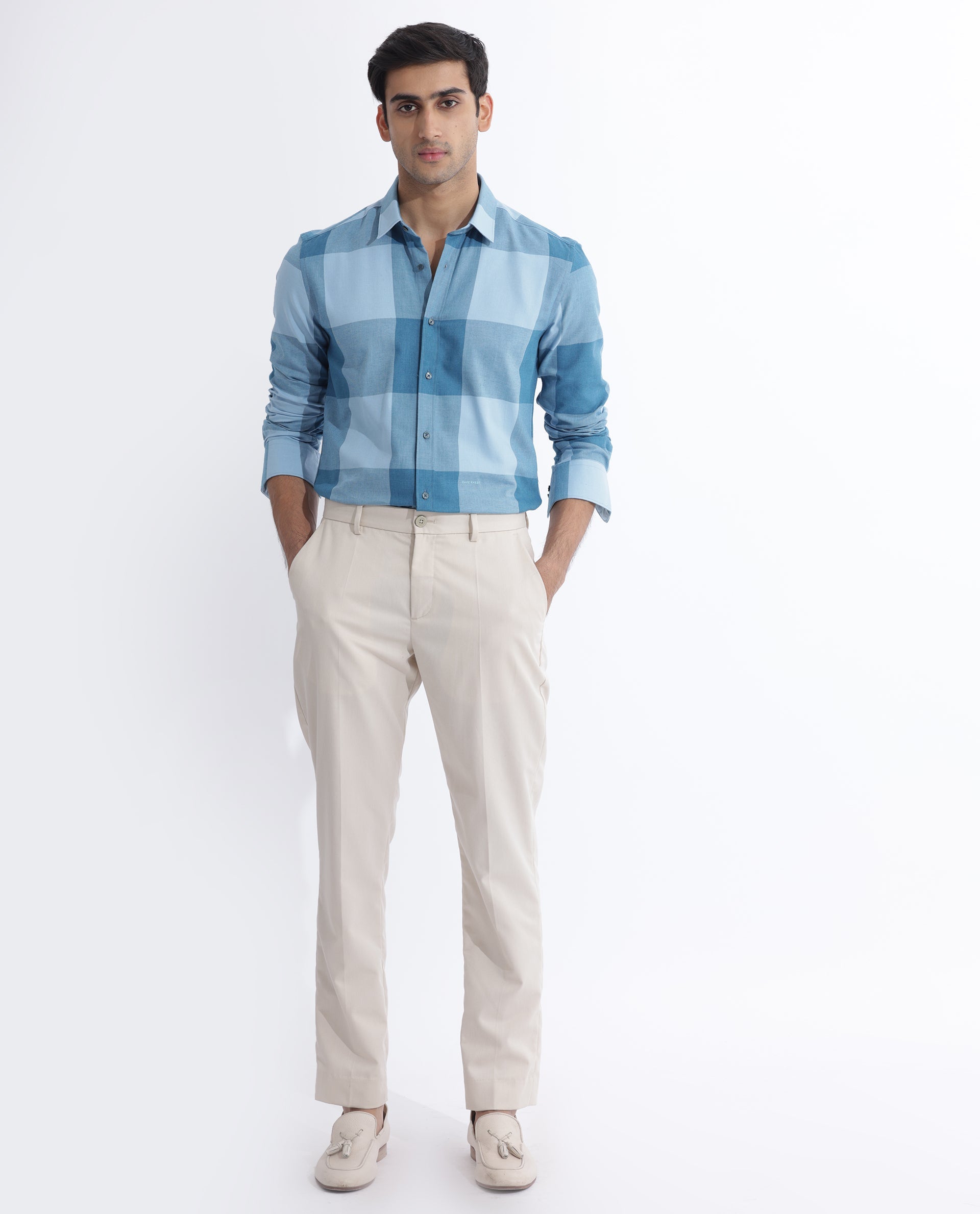Rare Rabbit Men's Beavers Blue Cotton Checked Print Regular Fit Full Sleeve Collared Shirt