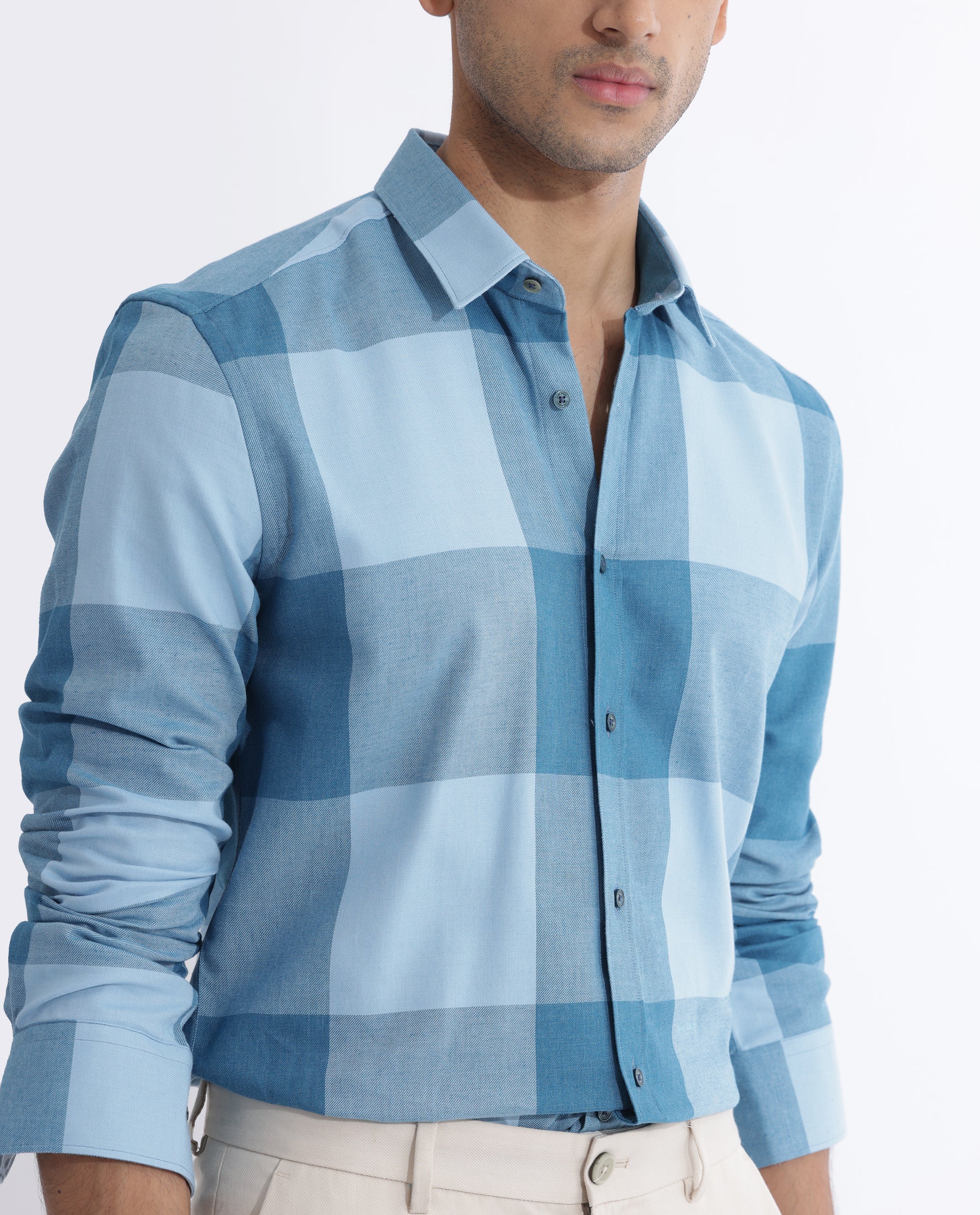 Rare Rabbit Men's Beavers Blue Cotton Checked Print Regular Fit Full Sleeve Collared Shirt