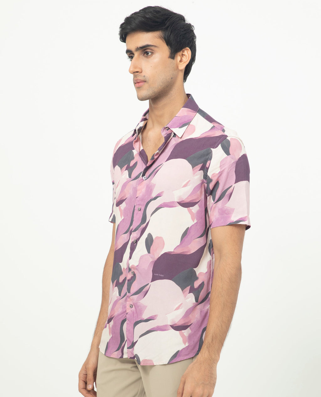 Rare Rabbit Men's Belmont Purple Viscose Abstract Print Regular Fit Half Sleeve Collared Shirt