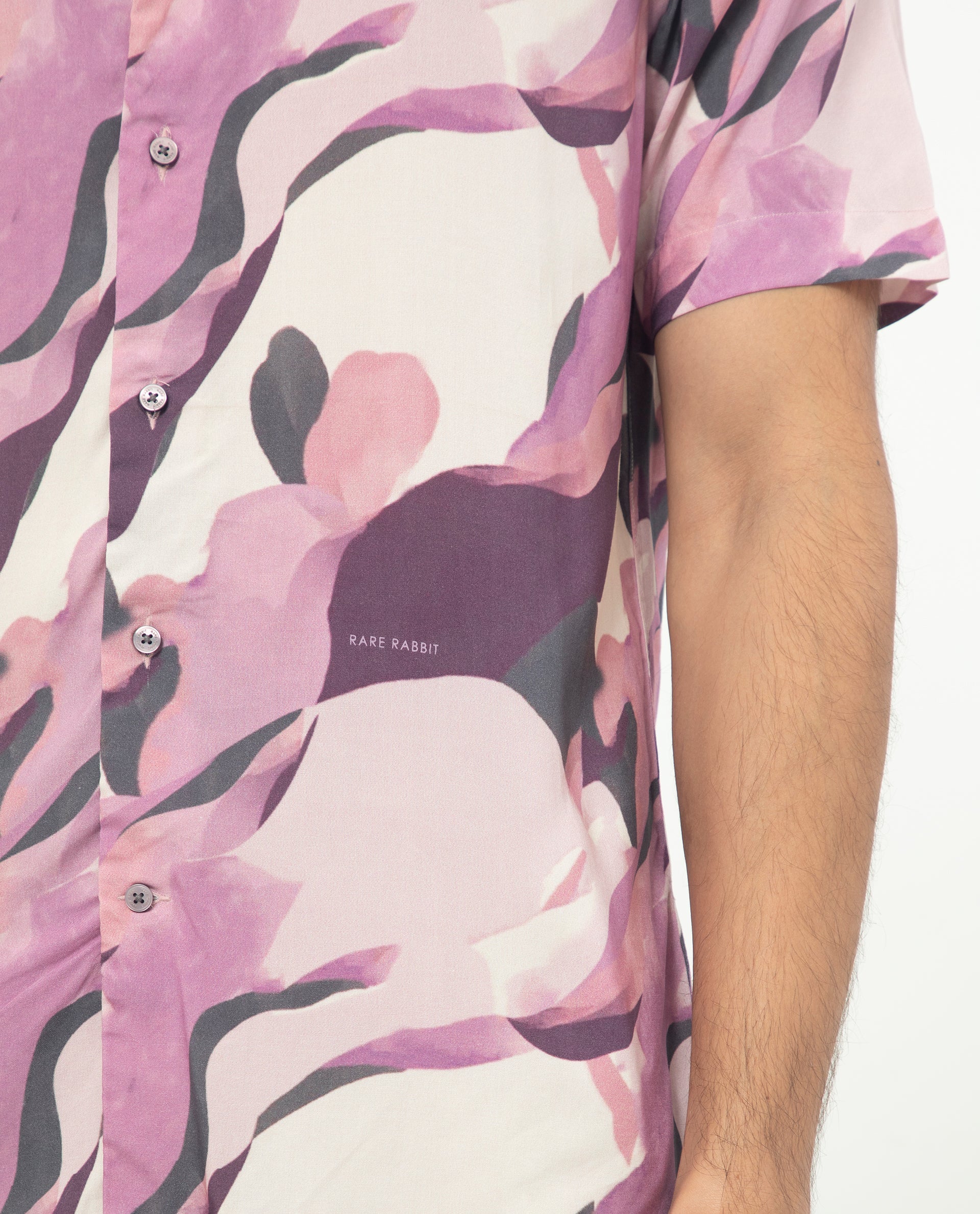 Rare Rabbit Men's Belmont Purple Viscose Abstract Print Regular Fit Half Sleeve Collared Shirt