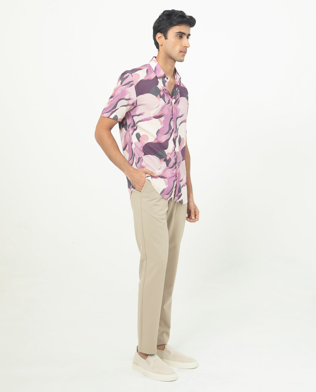 Rare Rabbit Men's Belmont Purple Viscose Abstract Print Regular Fit Half Sleeve Collared Shirt