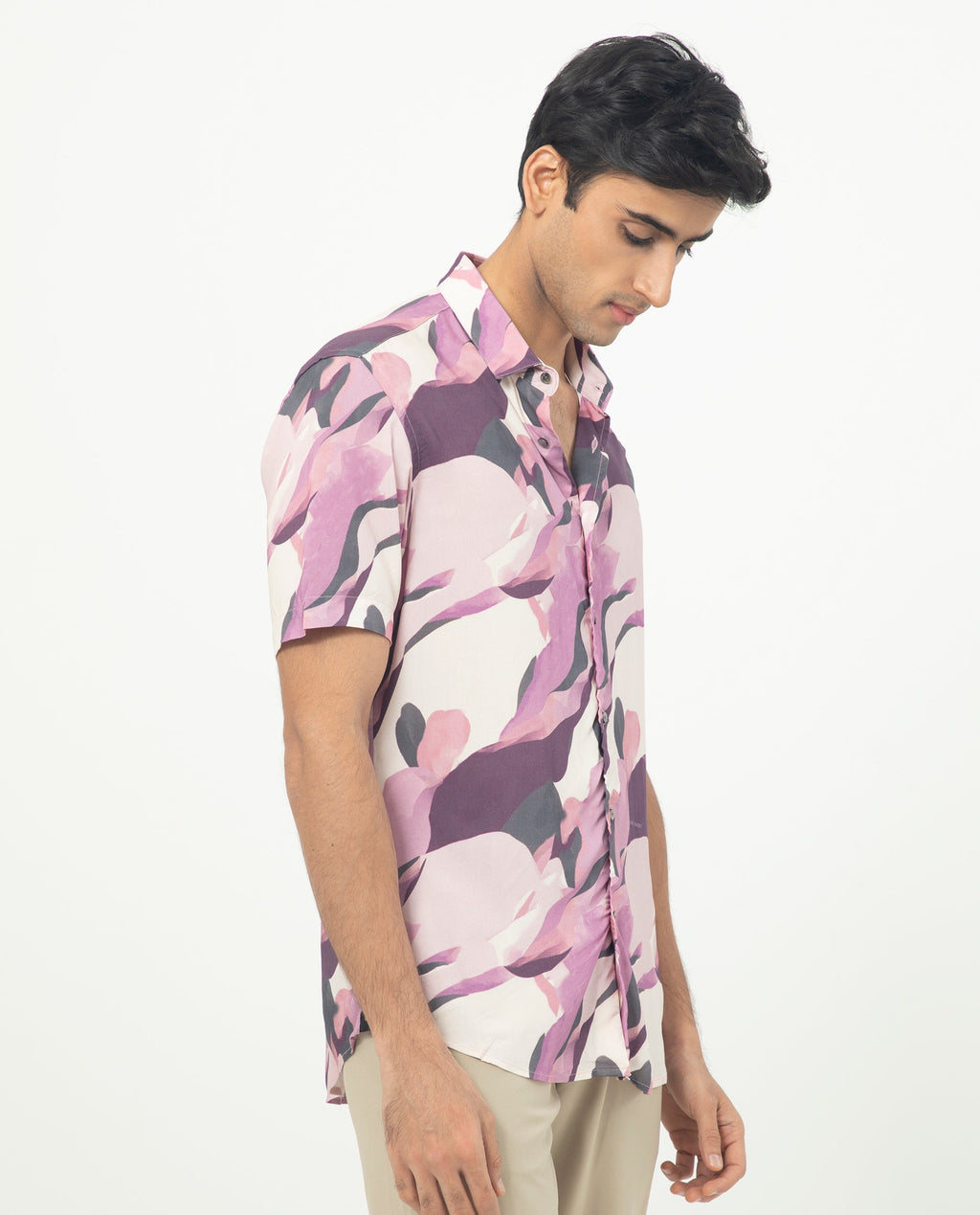 Rare Rabbit Men's Belmont Purple Viscose Abstract Print Regular Fit Half Sleeve Collared Shirt