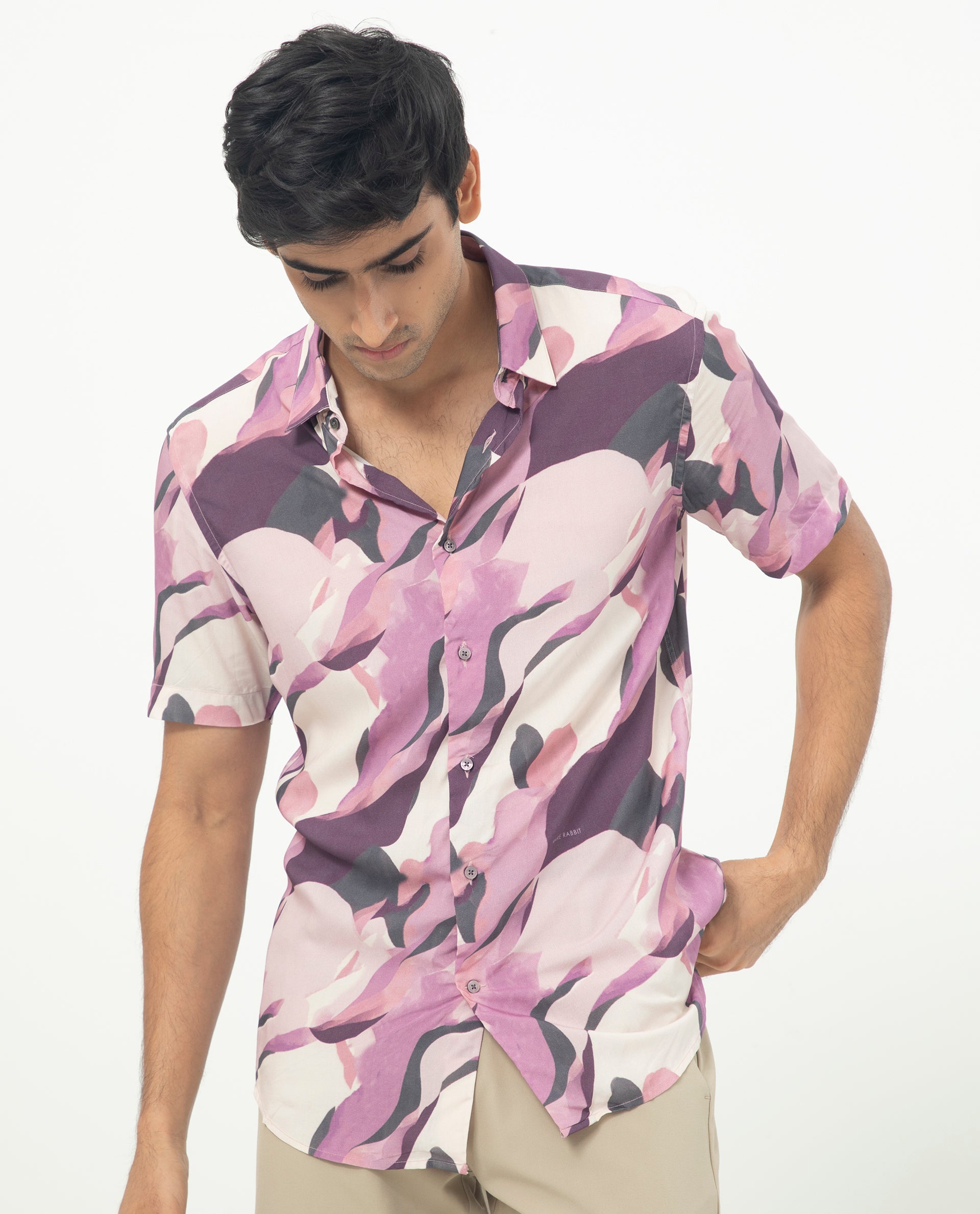Rare Rabbit Men's Belmont Purple Viscose Abstract Print Regular Fit Half Sleeve Collared Shirt