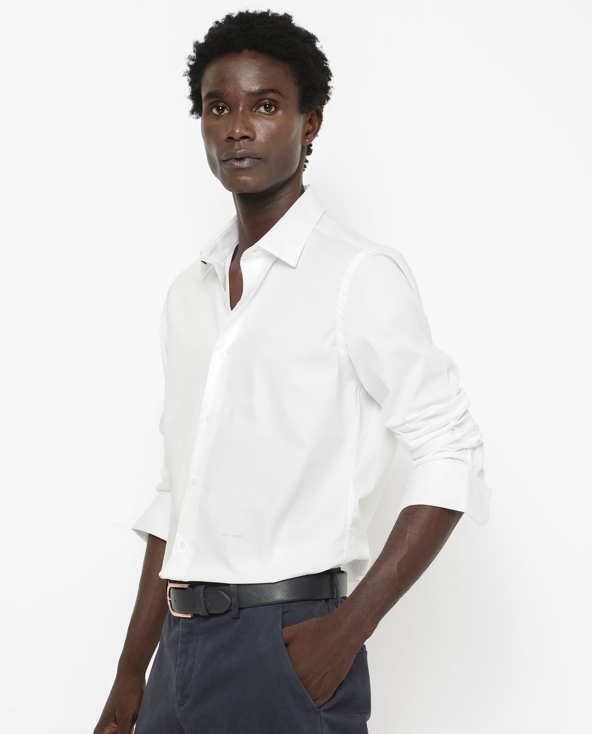 Rare Rabbit Men's Benedict White Cotton Plain Regular Fit Full Sleeve Collared Shirt