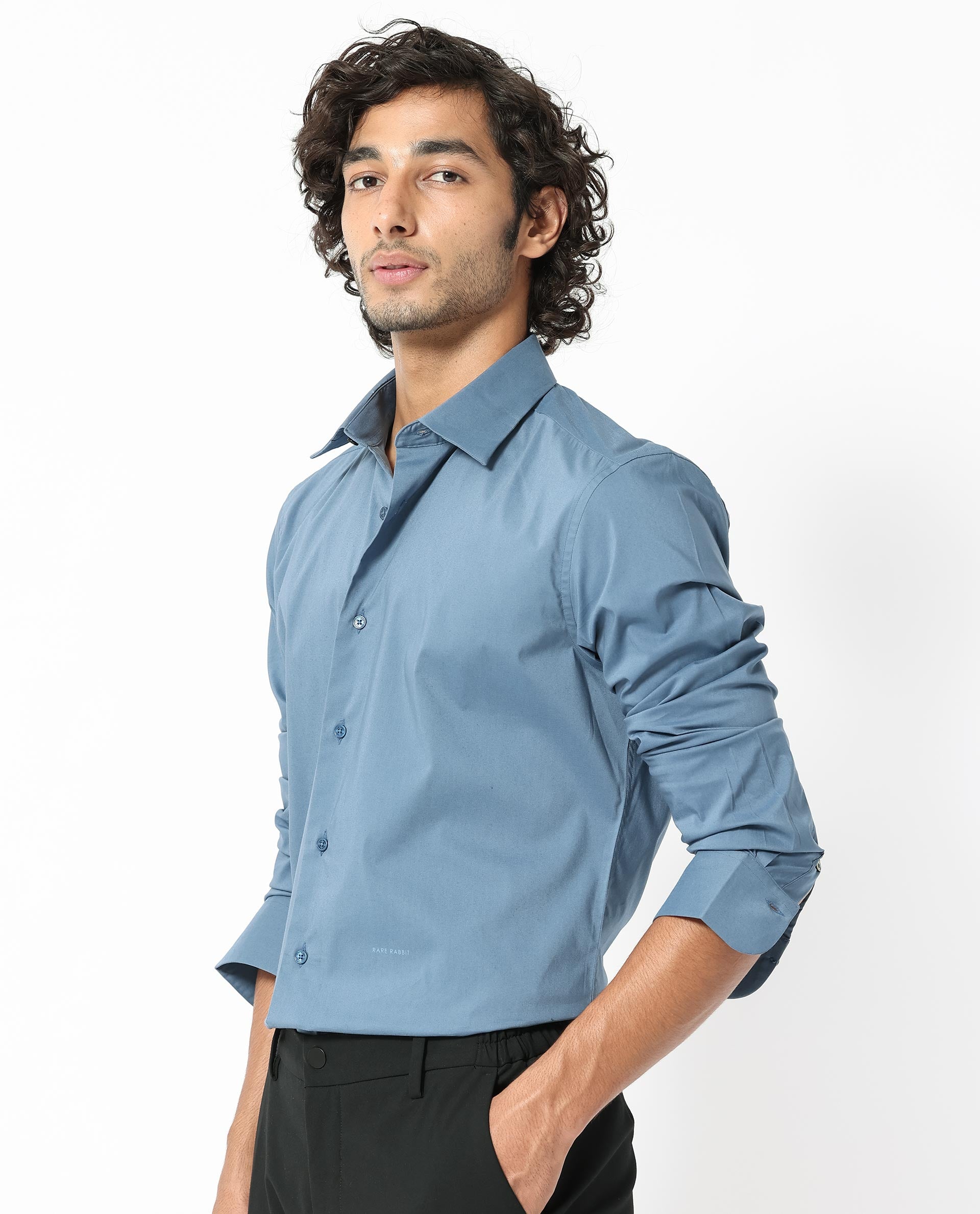 Rare Rabbit Men's Benedict Light Blue Cotton Plain Regular Fit Full Sleeve Collared Shirt