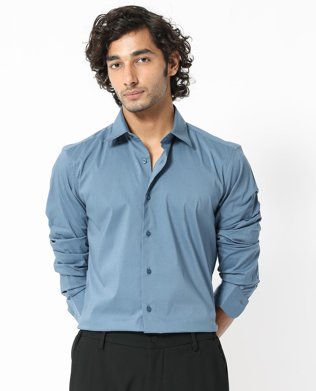Rare Rabbit Men's Benedict Light Blue Cotton Plain Regular Fit Full Sleeve Collared Shirt