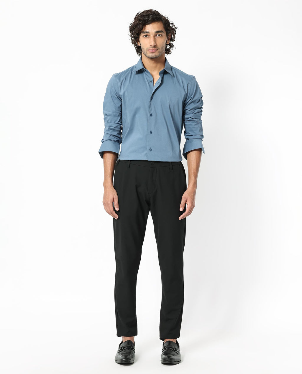 Rare Rabbit Men's Benedict Light Blue Cotton Plain Regular Fit Full Sleeve Collared Shirt