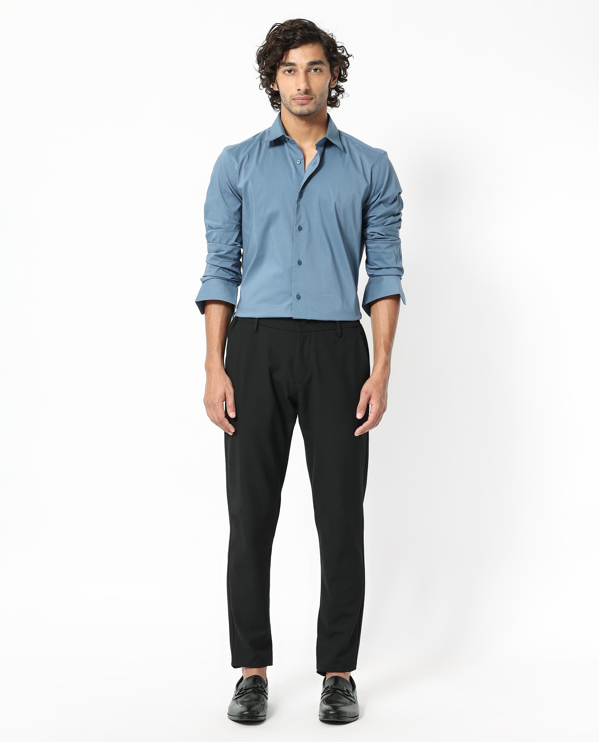 Rare Rabbit Men's Benedict Light Blue Cotton Plain Regular Fit Full Sleeve Collared Shirt