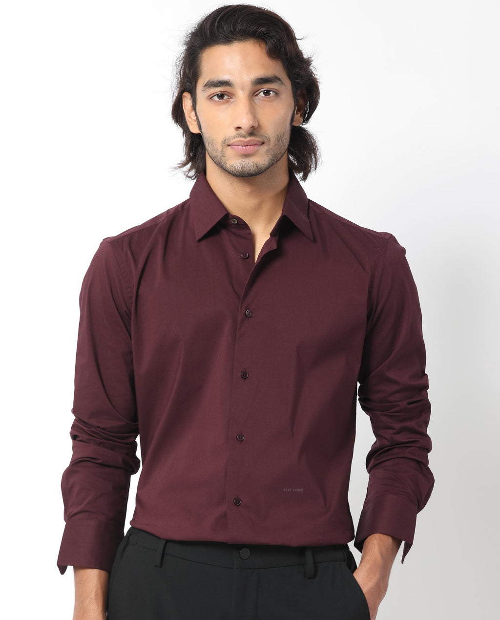 Rare Rabbit Men's Benedict Maroon Cotton Plain Regular Fit Full Sleeve Collared Shirt
