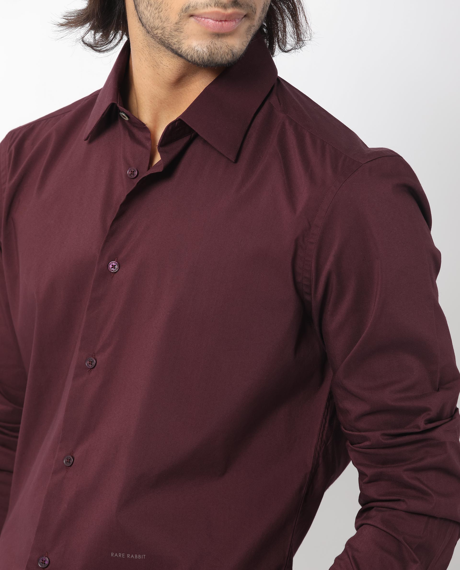 Rare Rabbit Men's Benedict Maroon Cotton Plain Regular Fit Full Sleeve Collared Shirt