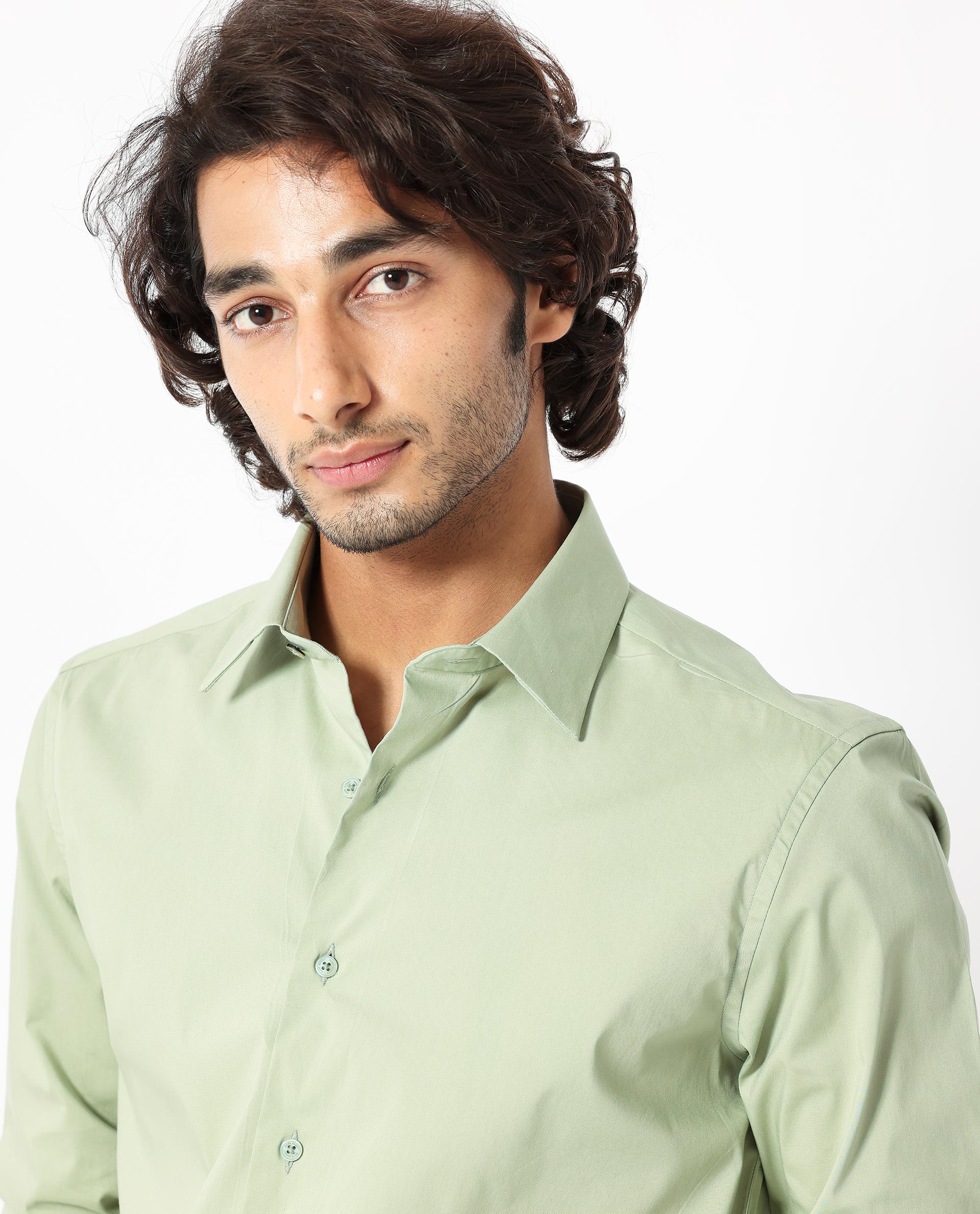 Rare Rabbit Men's Benedict Pastel Green Cotton Plain Regular Fit Full Sleeve Collared Shirt