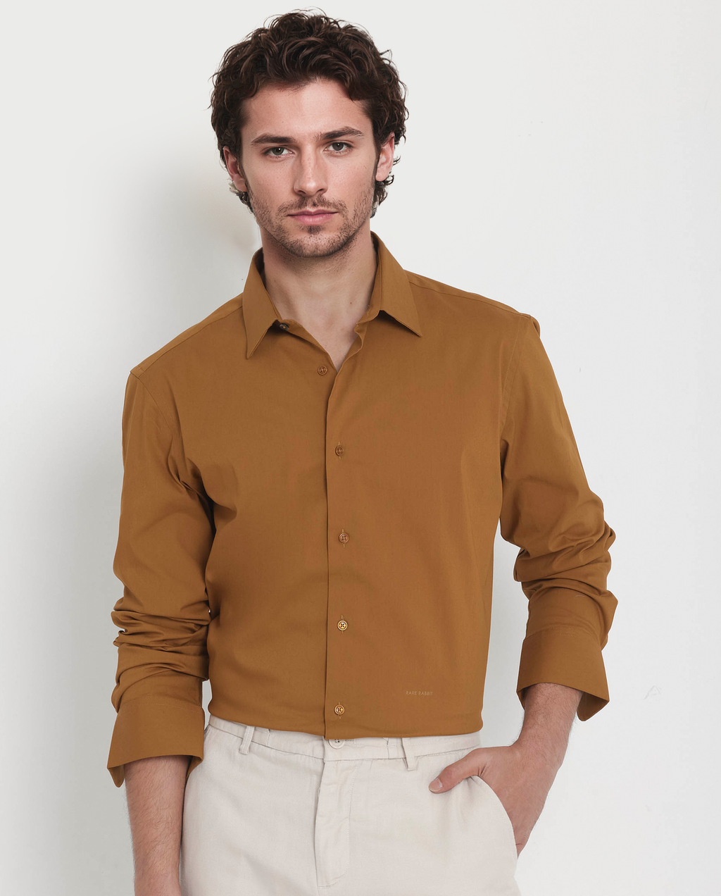 Rare Rabbit Men's Bendict Mustard Cotton Plain Regular Fit Full Sleeve Collared Shirt